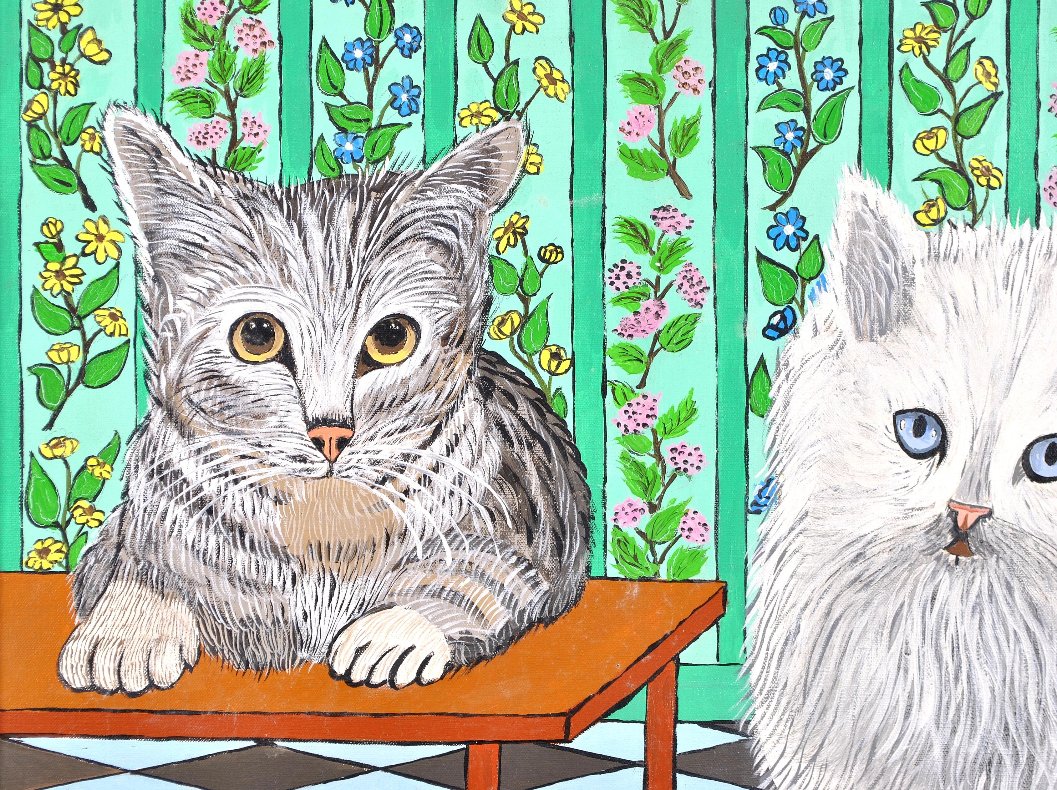 Katzen, die auf einen Snack warten - Französisches Naïf-Interieur-Tiergemälde aus der Mitte des 20. (Grau), Animal Painting, von André Demonchy