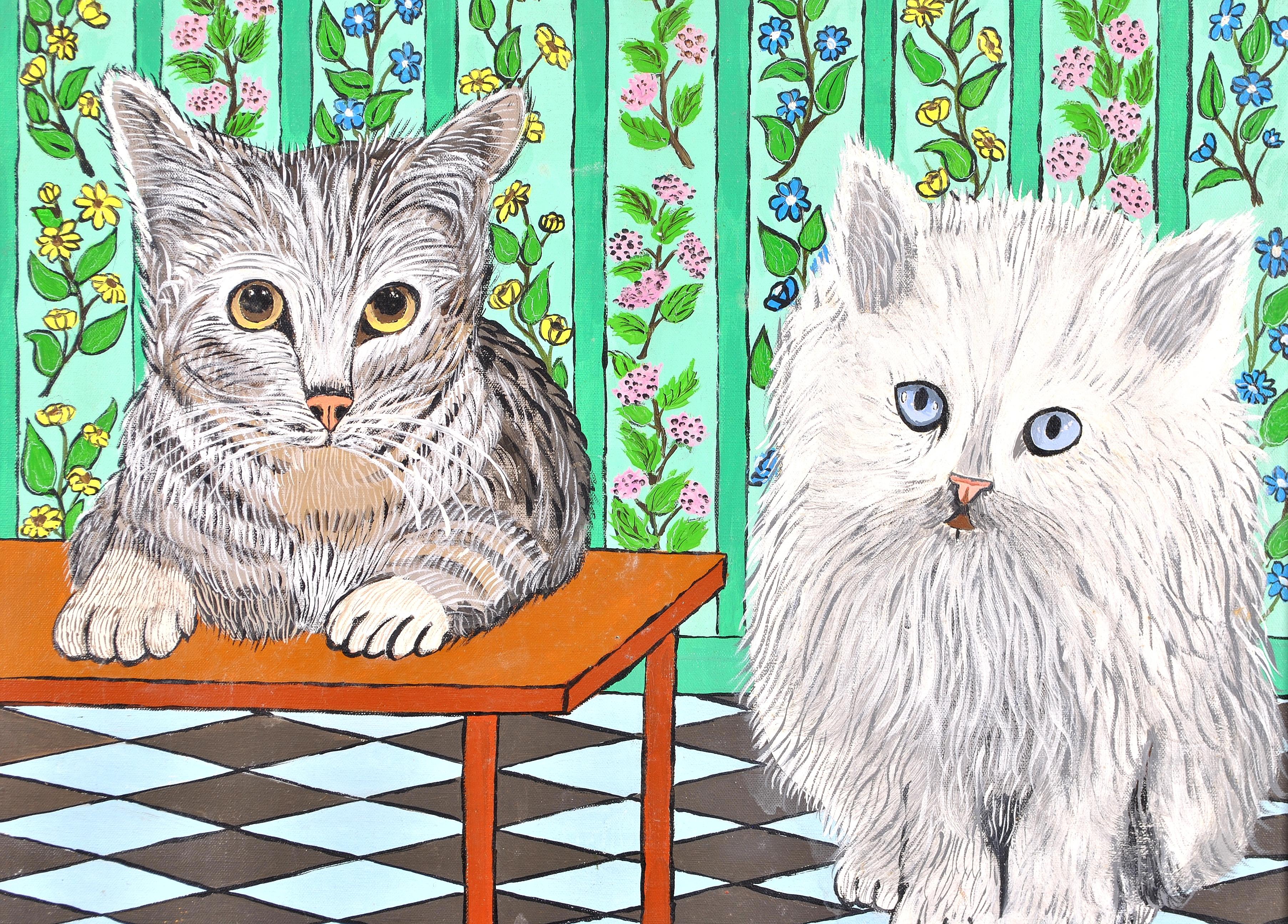 Cats Waiting on a Snack - Mid 20th Century French Naïf Interior Animal Painting For Sale 4