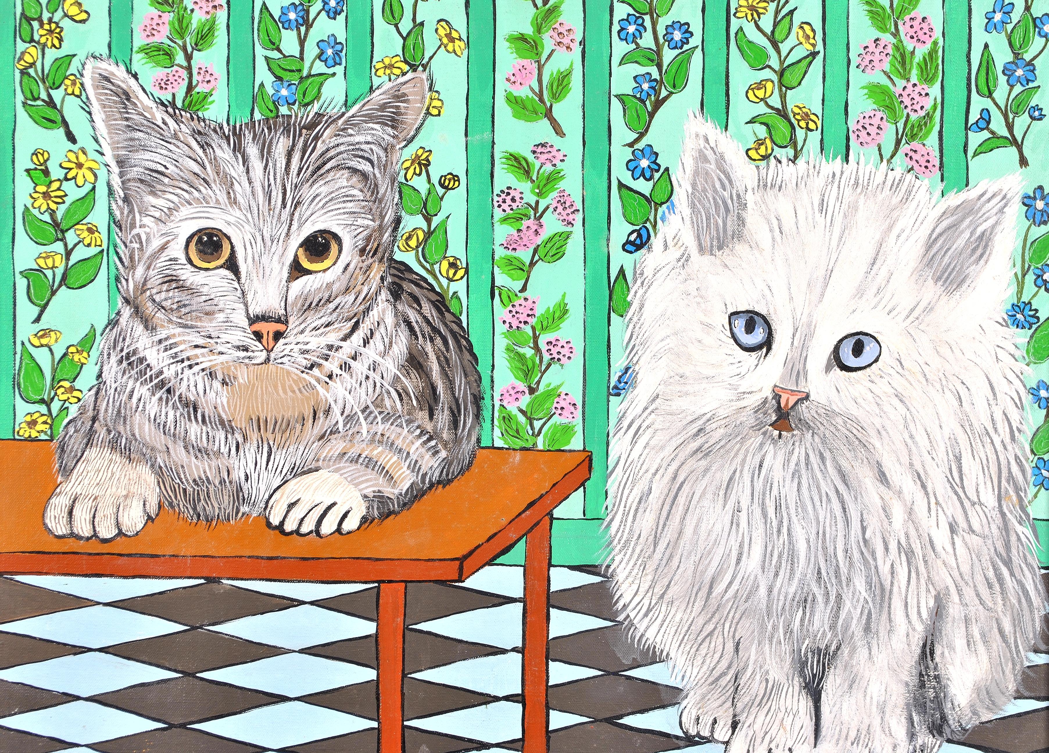 Katzen, die auf einen Snack warten - Französisches Naïf-Interieur-Tiergemälde aus der Mitte des 20. im Angebot 1