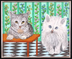 Chats attendant un casse-croûte - peinture d'intérieur naïf du milieu du 20e siècle