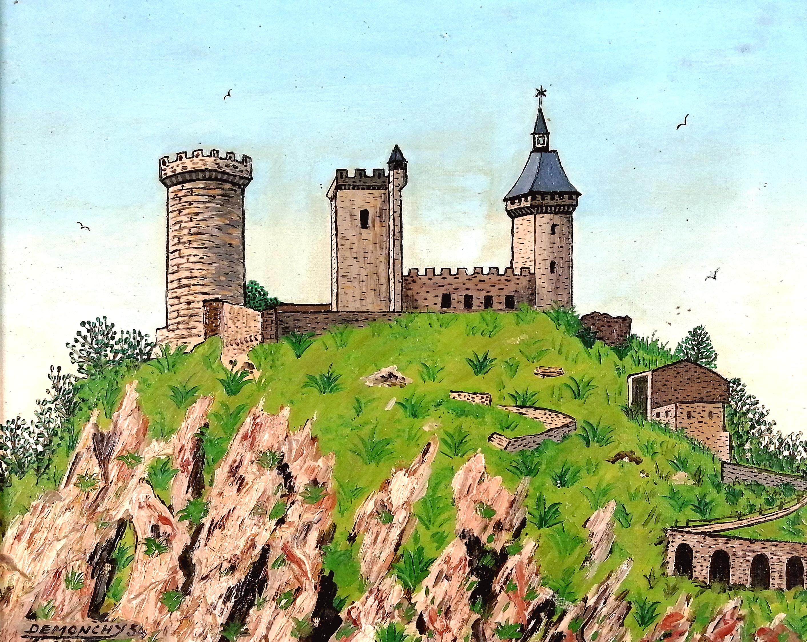 Château de Foix - Südfrankreich Französisch Naïf Landschaft Öl auf LeinwandGemälde – Painting von André Demonchy