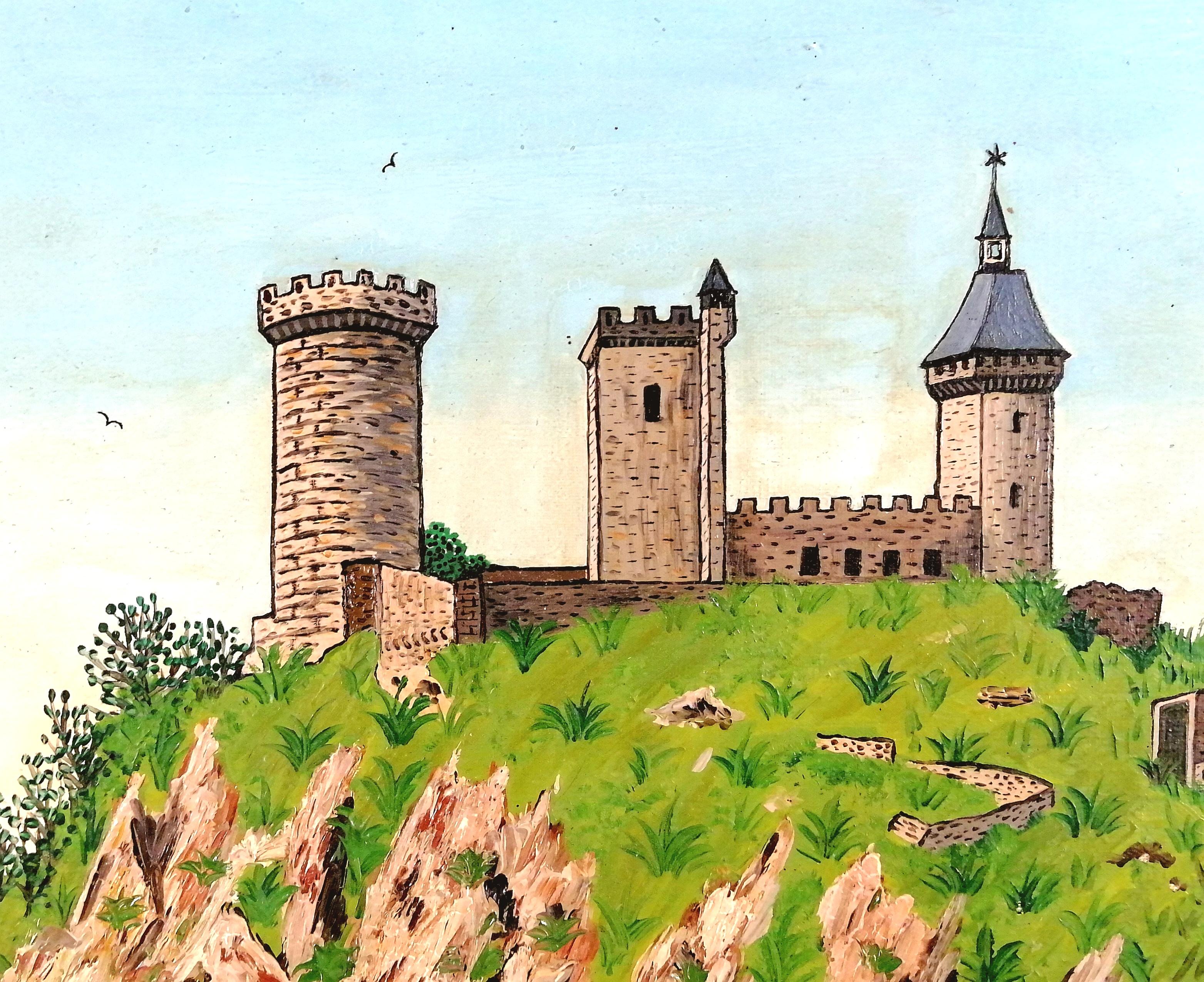 Château de Foix - Südfrankreich Französisch Naïf Landschaft Öl auf LeinwandGemälde (Beige), Landscape Painting, von André Demonchy