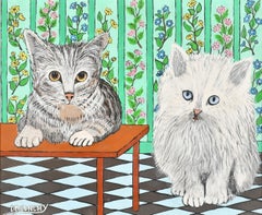 Chats en Attente - Ritratto di gatti in stile naïf francese della metà del secolo, dipinto a olio con soggetti animali