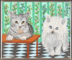 Chats en Attente - Ritratto di gatti in stile naïf francese della metà del secolo, dipinto a olio con soggetti animali