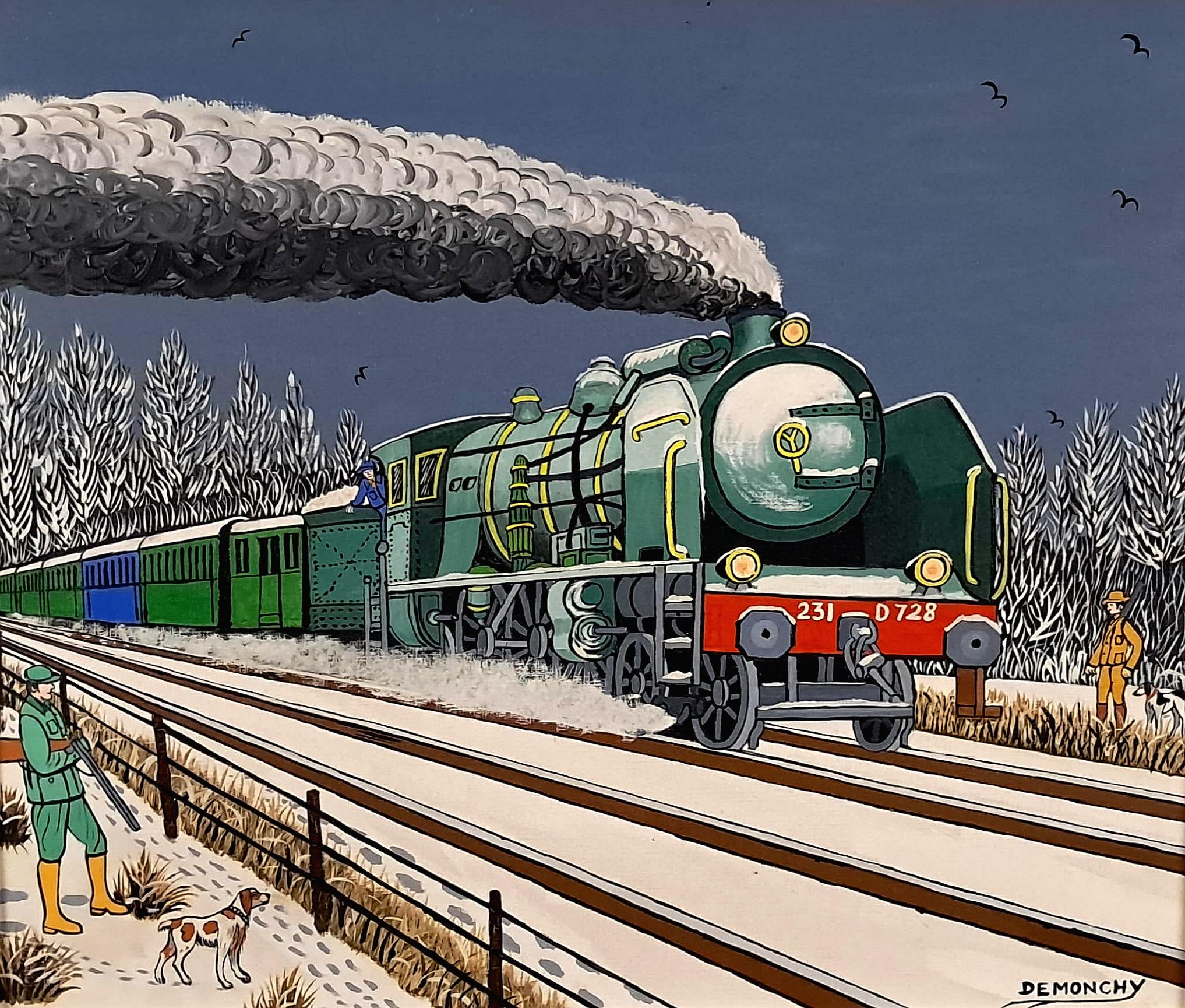 Espresso tra Parigi e Cherbourg  - Pittura a olio sul treno Naïf francese della metà del secolo scorso - Painting di André Demonchy