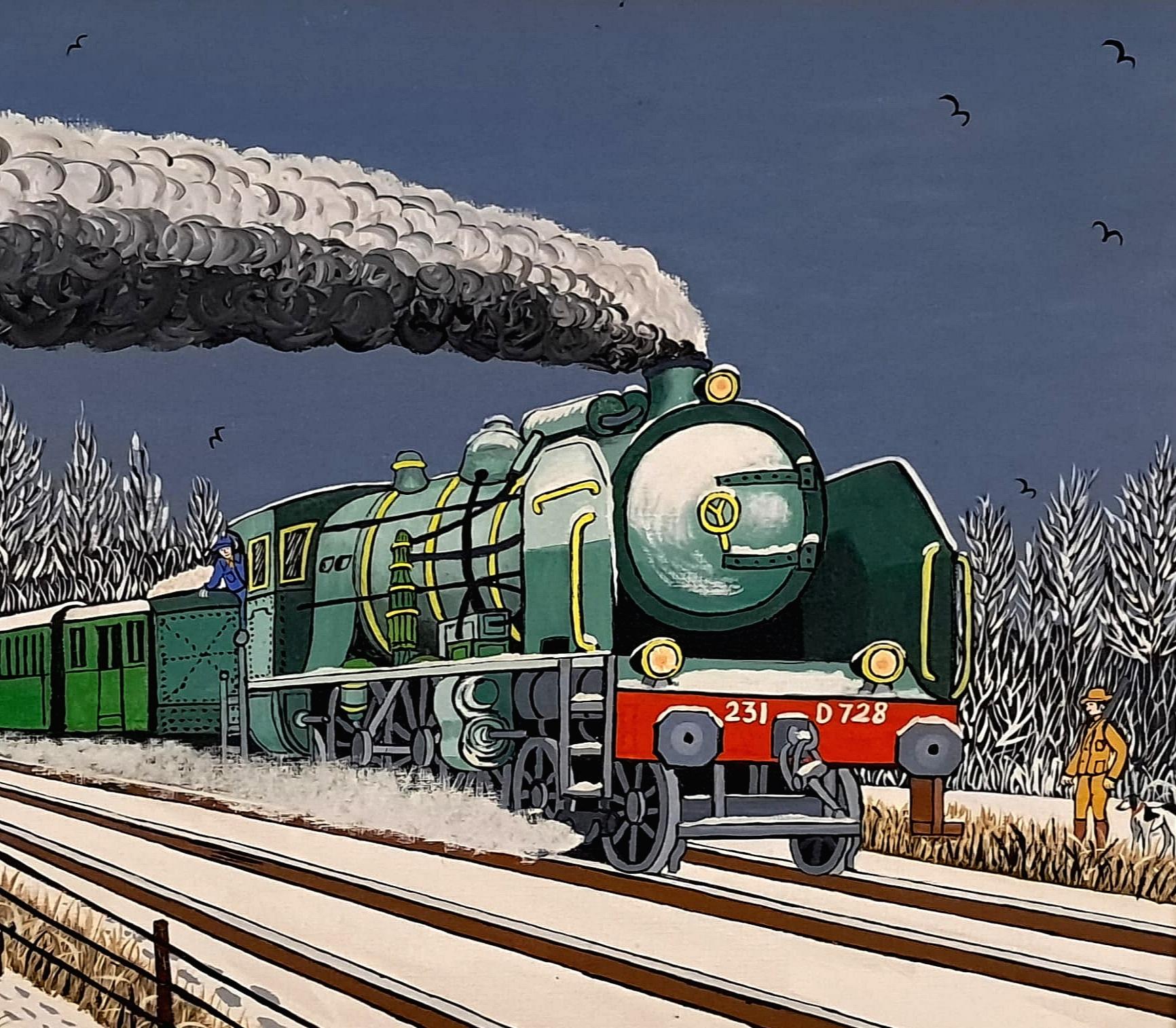 Espresso tra Parigi e Cherbourg  - Pittura a olio sul treno Naïf francese della metà del secolo scorso - Landscape Painting Nero di André Demonchy