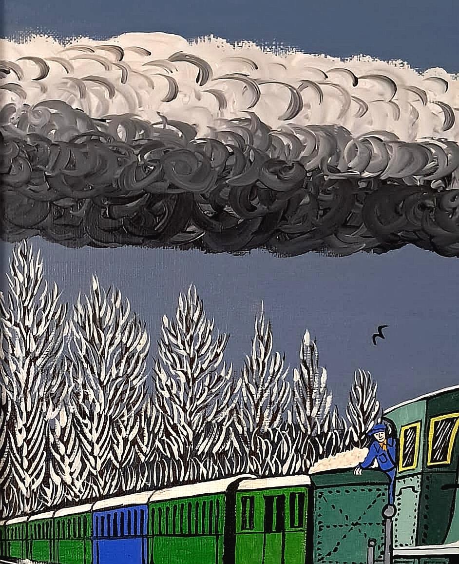 Un bellissimo olio su tela naïf francese del XX secolo che raffigura il treno espresso tra Parigi e Cherbourg, opera di André Demonchy. 

L'artista è presente nel libro di Anatole Jakovsky 