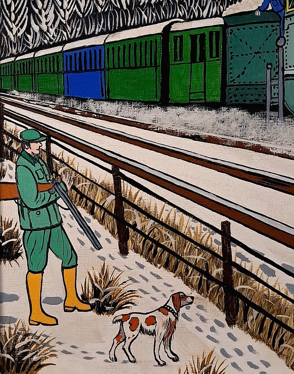 Espresso tra Parigi e Cherbourg  - Pittura a olio sul treno Naïf francese della metà del secolo scorso in vendita 1