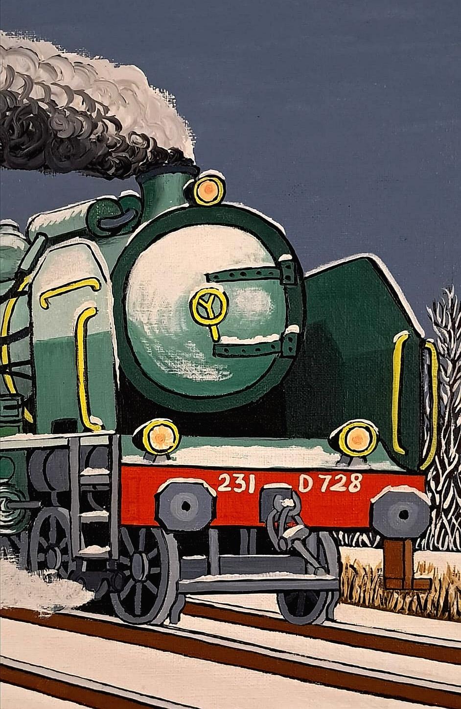 Espresso tra Parigi e Cherbourg  - Pittura a olio sul treno Naïf francese della metà del secolo scorso in vendita 2