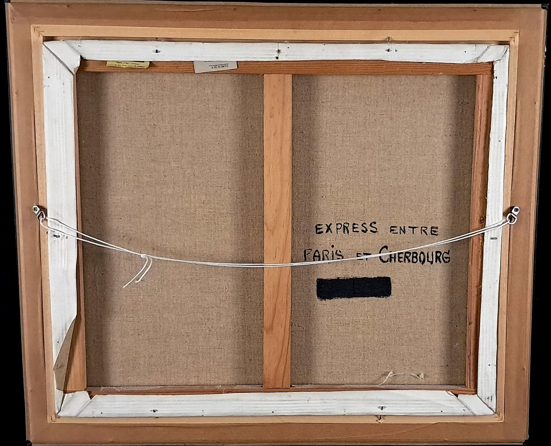 Espresso tra Parigi e Cherbourg  - Pittura a olio sul treno Naïf francese della metà del secolo scorso in vendita 4