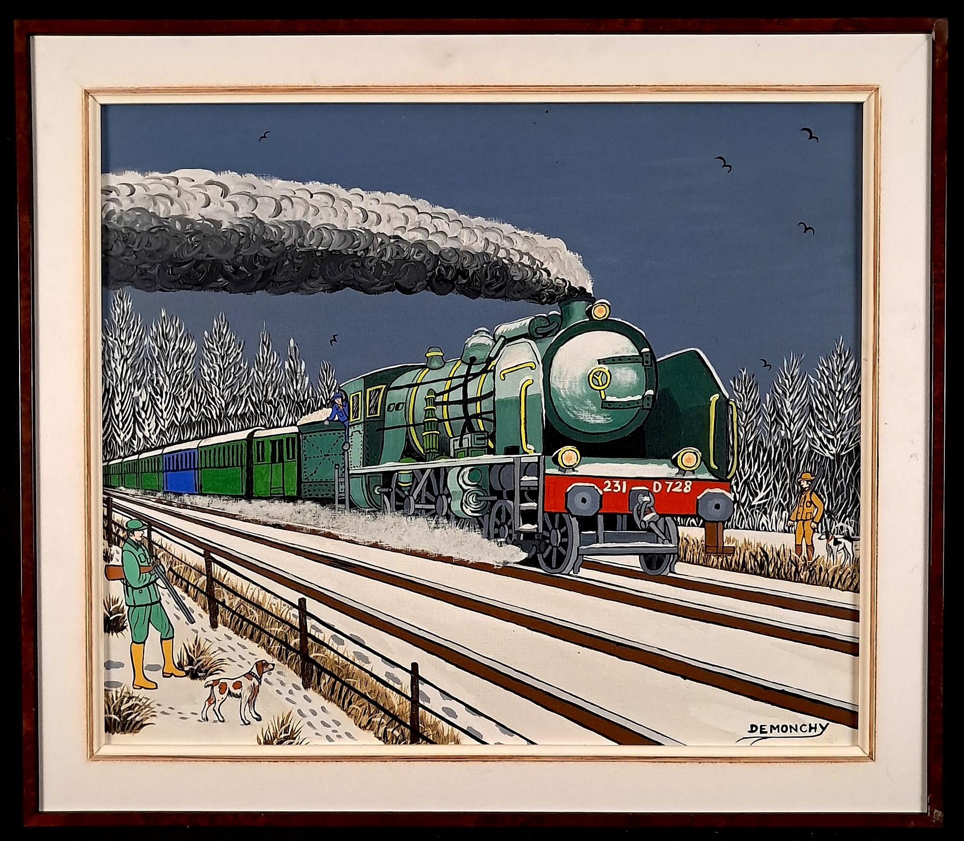 Express entre Paris et Cherbourg  - Peinture à l'huile du milieu du siècle sur le thème du train des naïfs