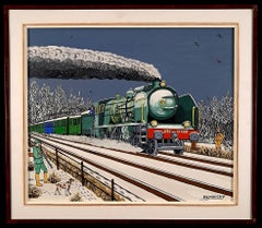 Express between Paris & Cherbourg  - Mid Century French Naïf Train Oil Painting