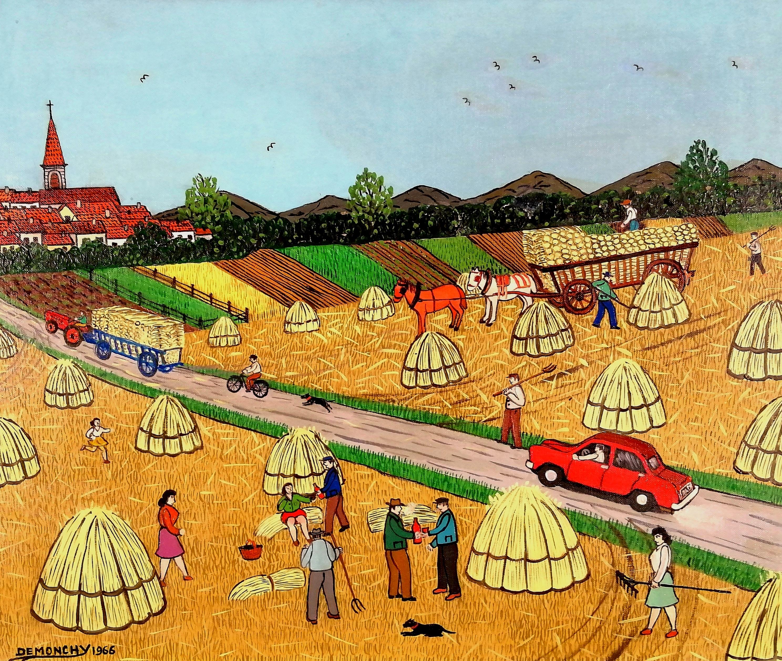 Harvest in the Yonne - Mid 20th Century French Naïf Landscape Oil Painting - Beige Animal Painting by André Demonchy