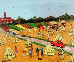 Harvest in the Yonne - Mid 20th Century French Naïf Landscape Oil Painting
