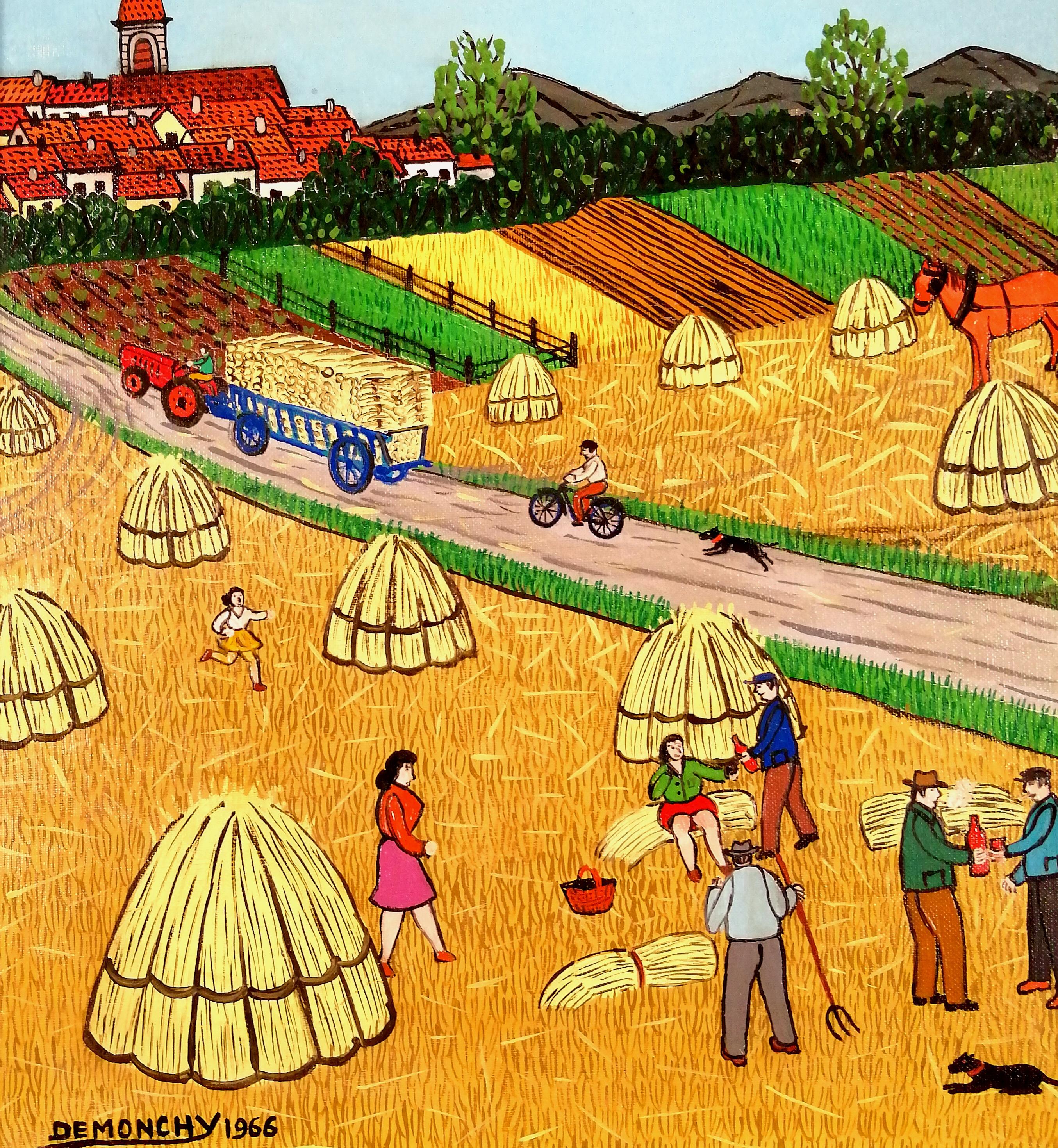 Harvest in the Yonne - Mid 20th Century French Naïf Landscape Oil Painting For Sale 2