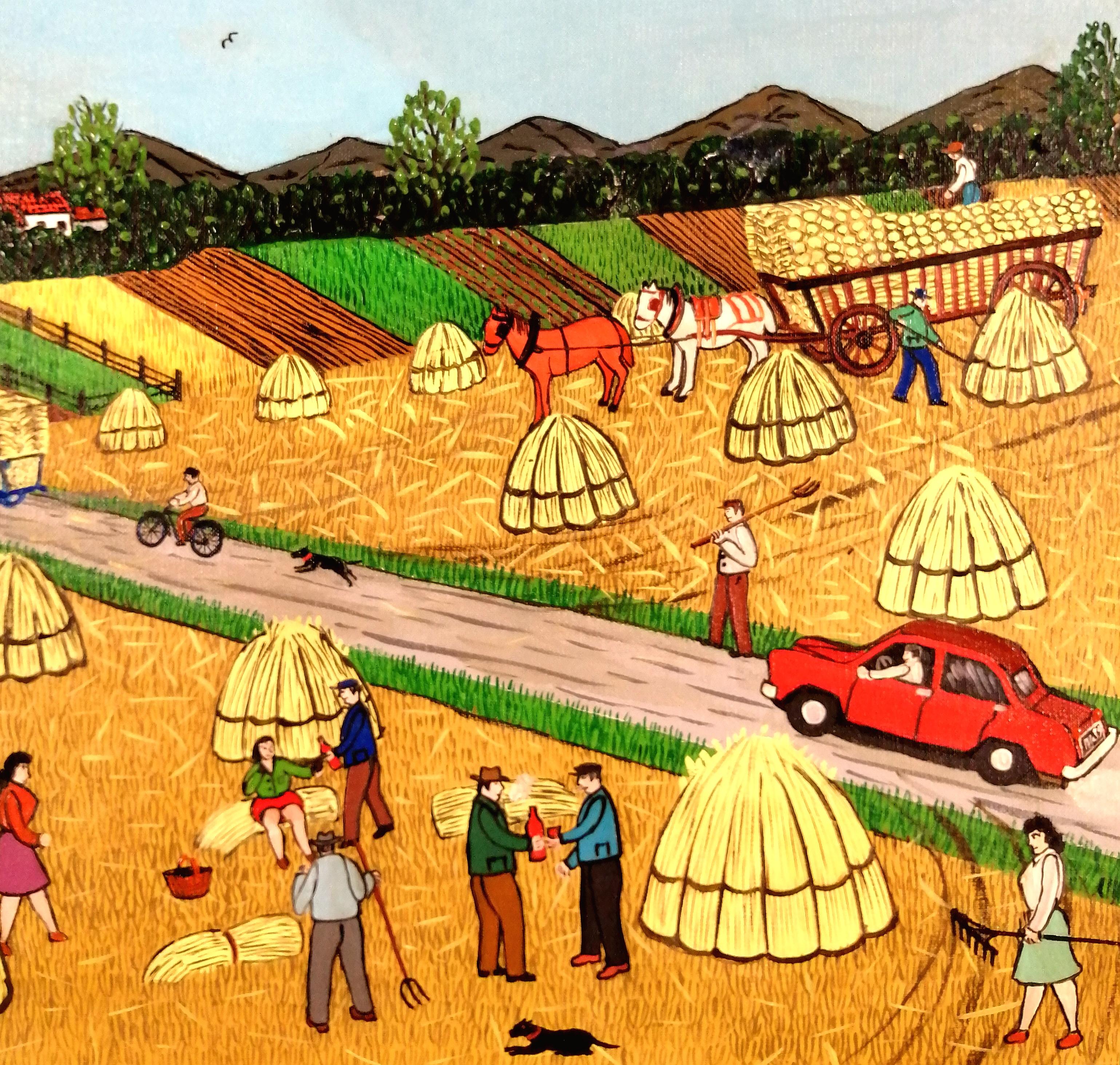 Harvest in the Yonne - Mid 20th Century French Naïf Landscape Oil Painting For Sale 3