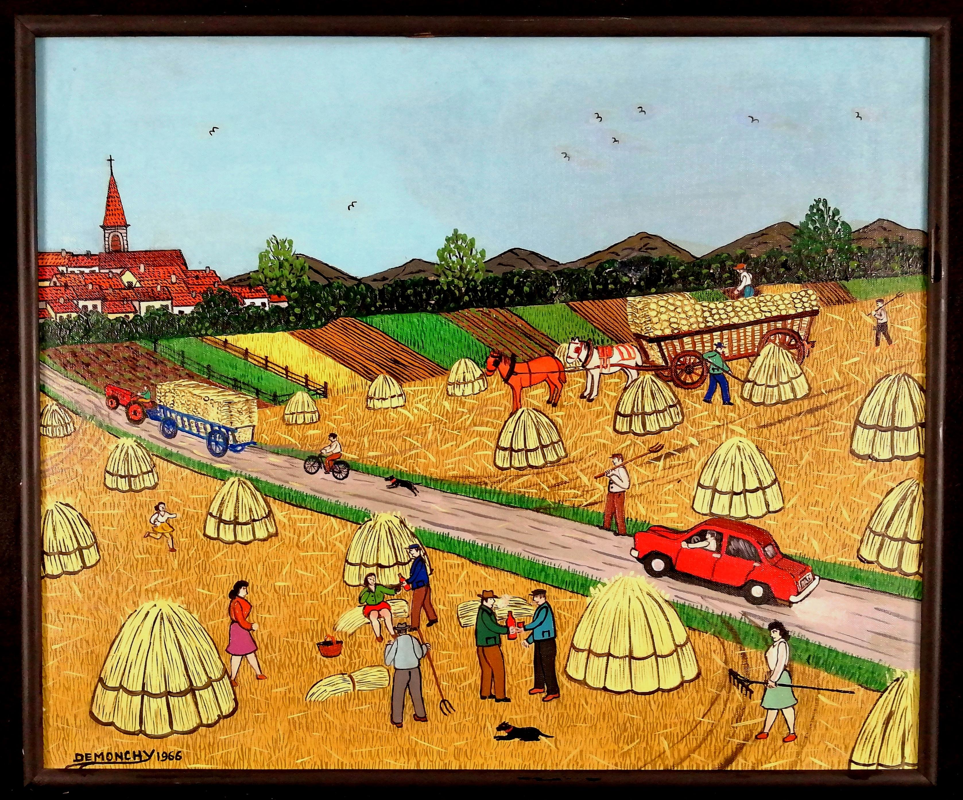 André Demonchy Animal Painting - Harvest in the Yonne - Mid 20th Century French Naïf Landscape Oil Painting