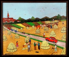 Vendanges dans l'Yonne - Peinture à l'huile du milieu du 20e siècle sur le thème du naïf