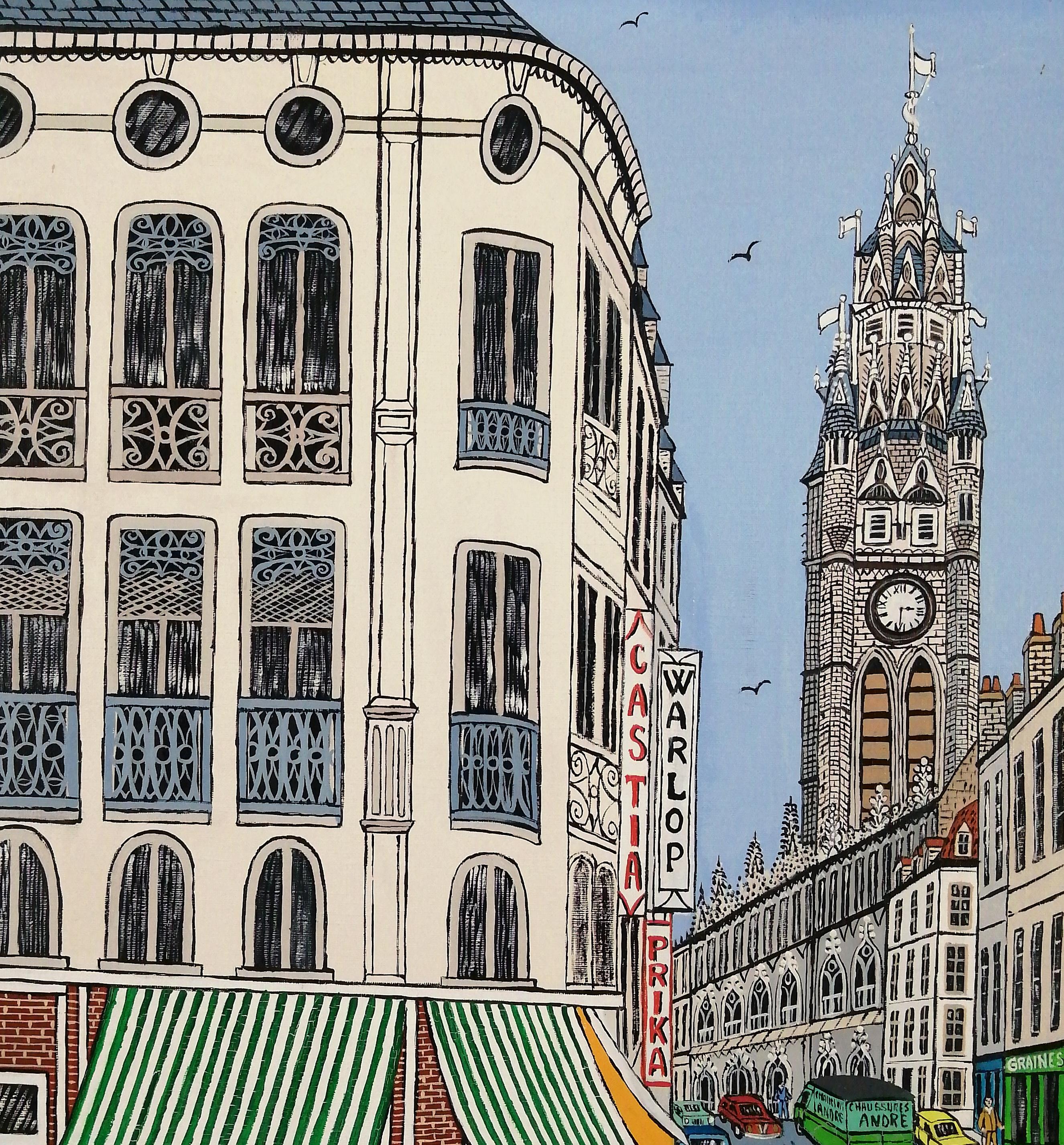 A very beautiful 20th century French naïf oil on canvas depicting the belfry and Rue de la Mairie in the city of Douai, northern France, by André Demonchy. 

The artist is featured in Anatole Jakovsky's ''Peintres Naïfs'' which is known as the bible
