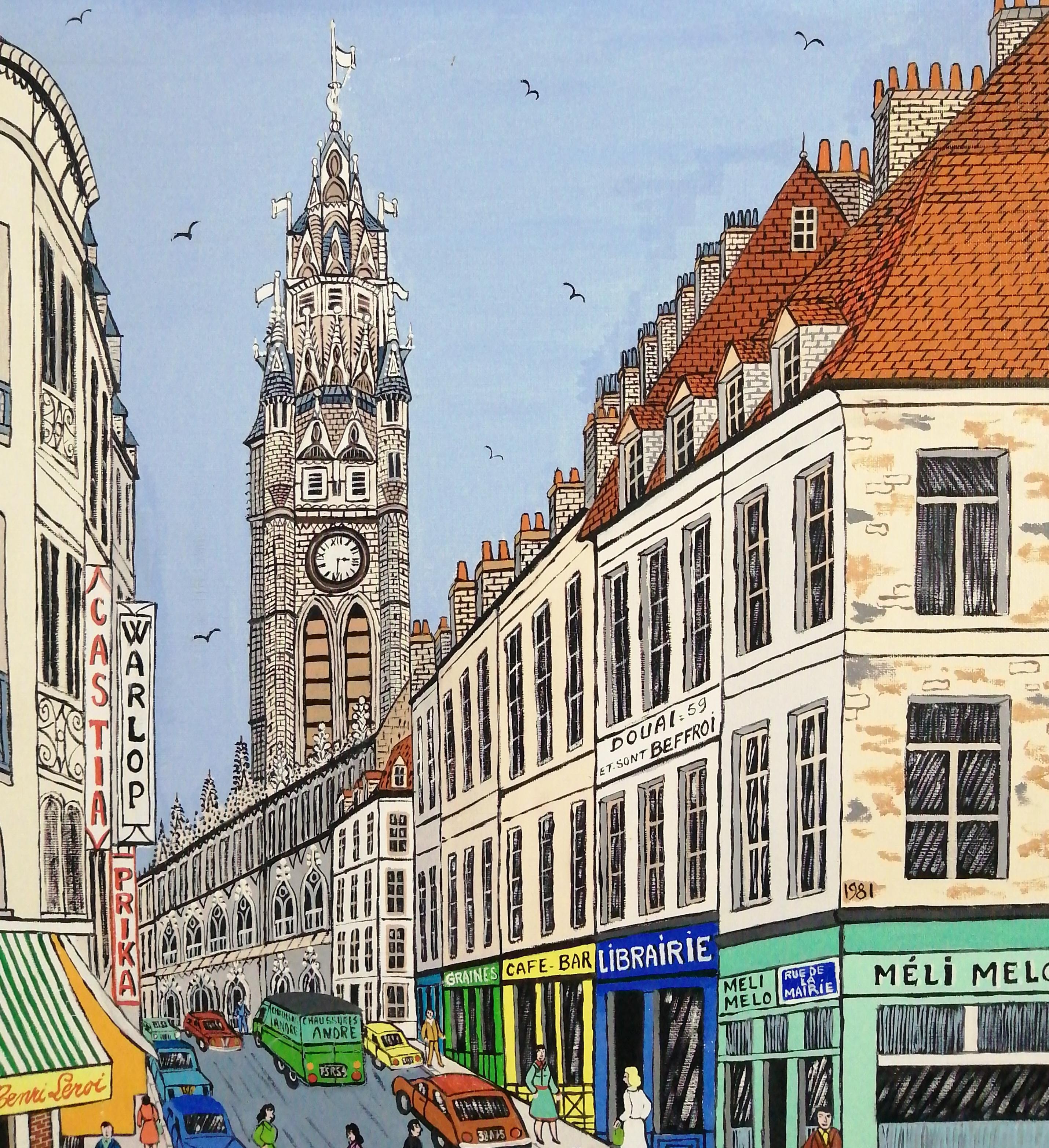 Le Beffroi de Douai - Mid 20th Century French Naif City Landscape Oil Painting For Sale 1
