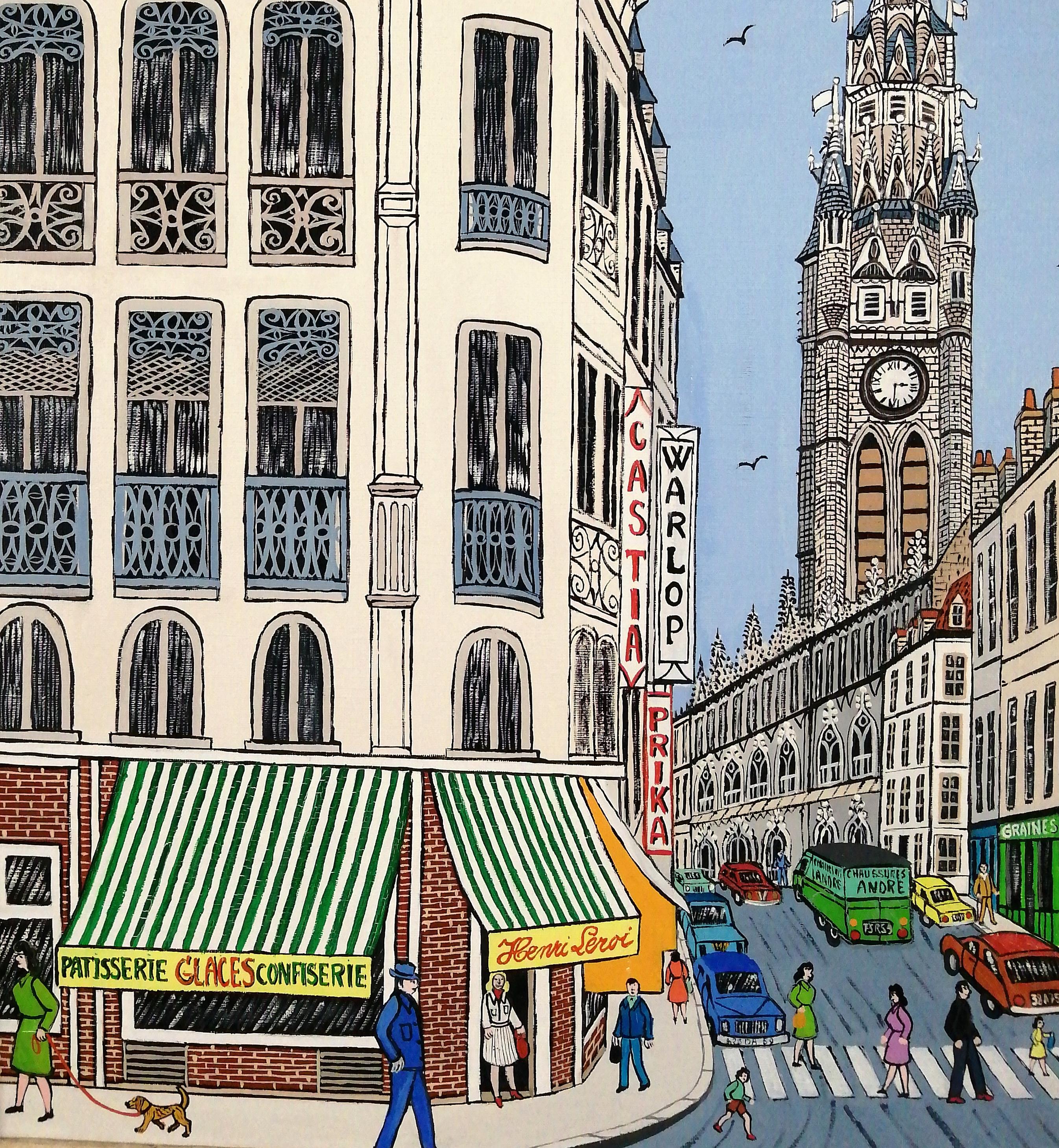 Le Beffroi de Douai - Mid 20th Century French Naif City Landscape Oil Painting For Sale 2