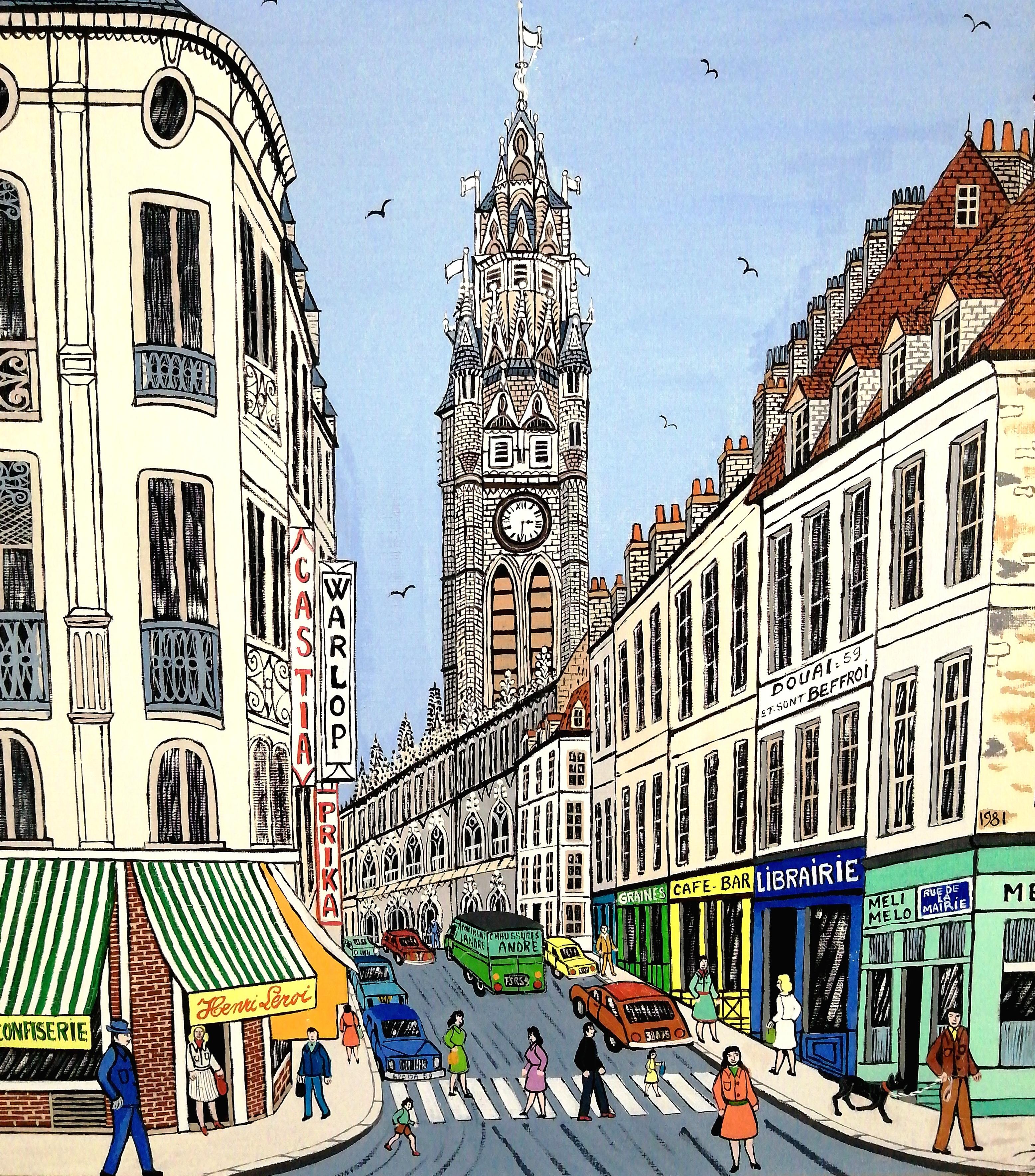 Le Beffroi de Douai - Mid 20th Century French Naif City Landscape Oil Painting For Sale 3