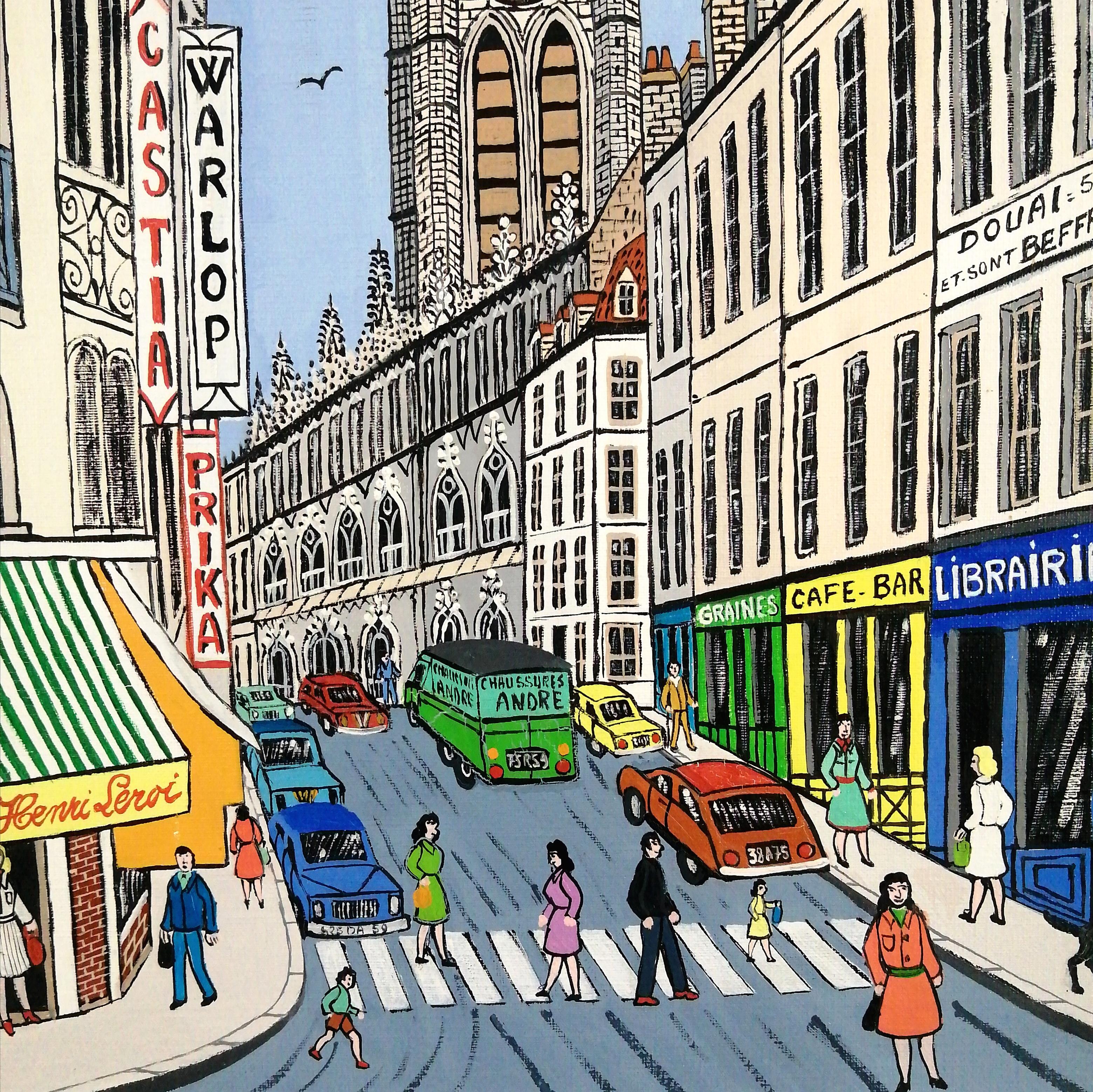 Le Beffroi de Douai - Mid 20th Century French Naif City Landscape Oil Painting For Sale 4