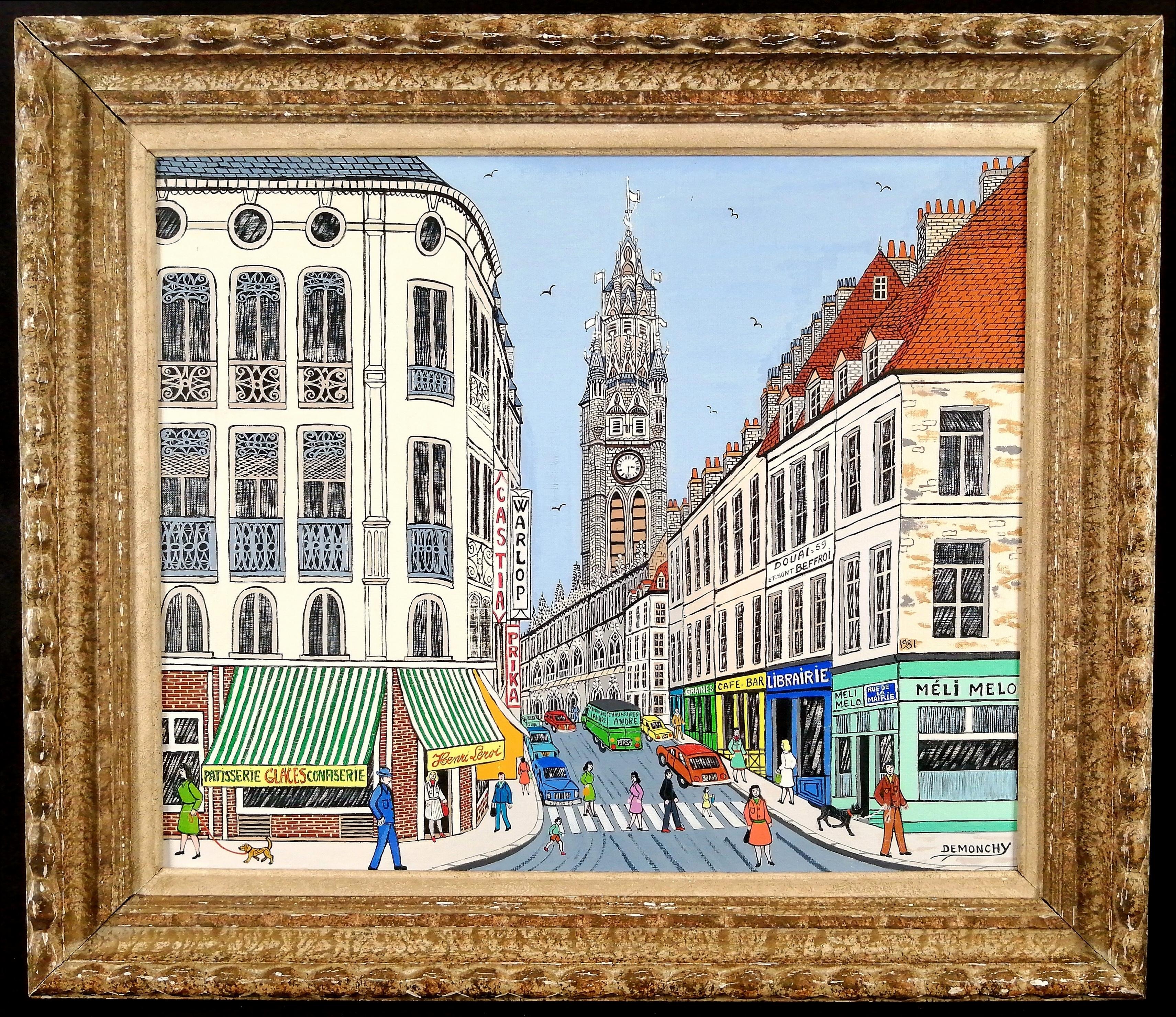 André Demonchy Landscape Painting - Le Beffroi de Douai - Mid 20th Century French Naif City Landscape Oil Painting