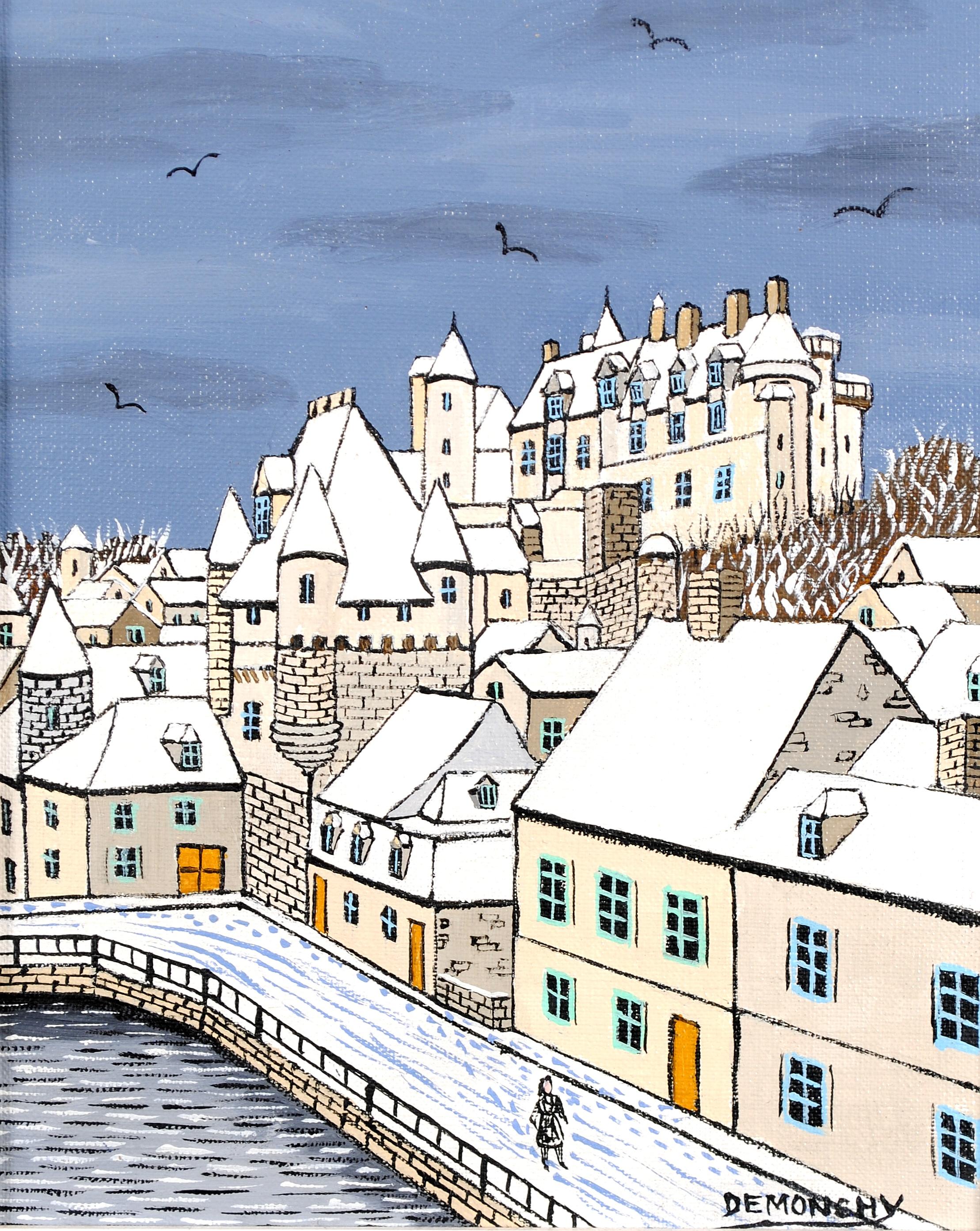Le Château de Loches, Indre - Mid Century French Naïf Winter Landscape Painting For Sale 1