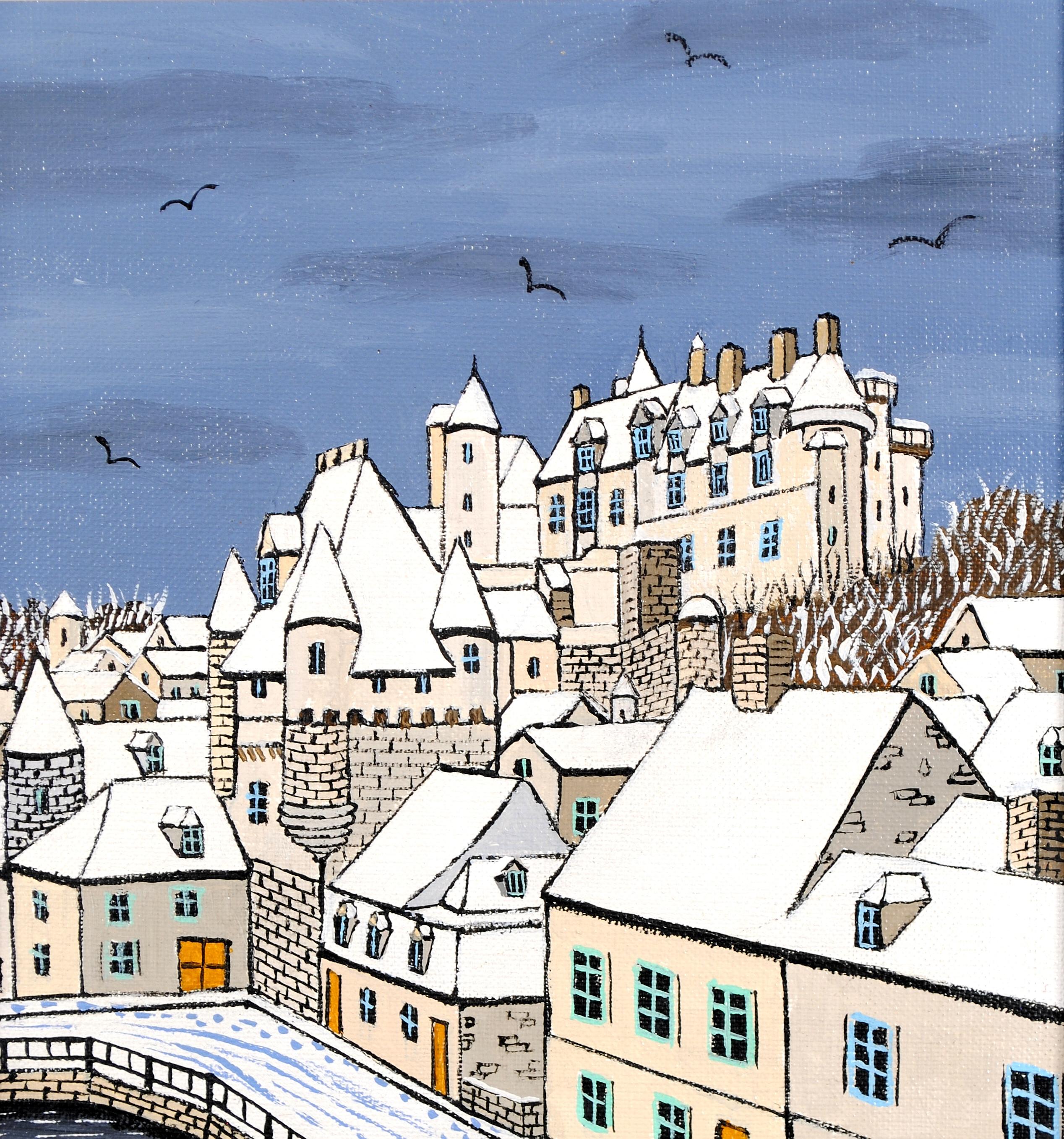 Le Château de Loches, Indre - Mid Century French Naïf Winter Landscape Painting For Sale 2