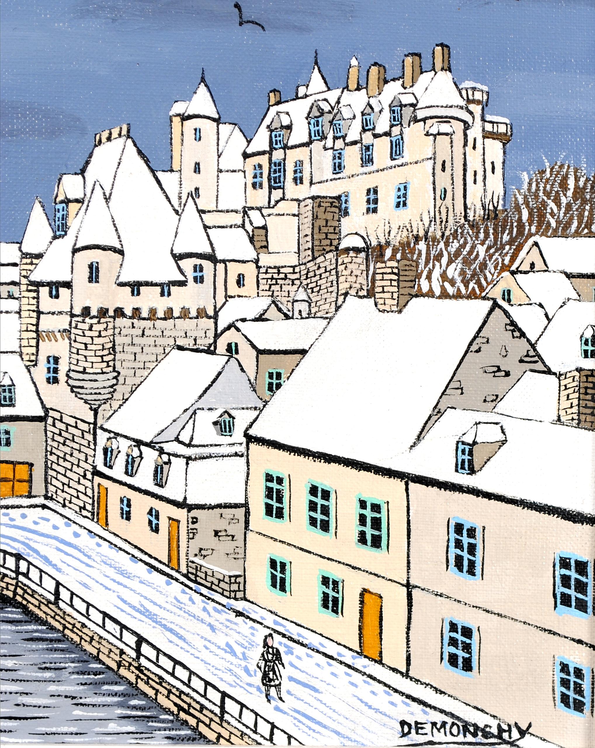 Le Château de Loches, Indre - Mid Century French Naïf Winter Landscape Painting For Sale 3