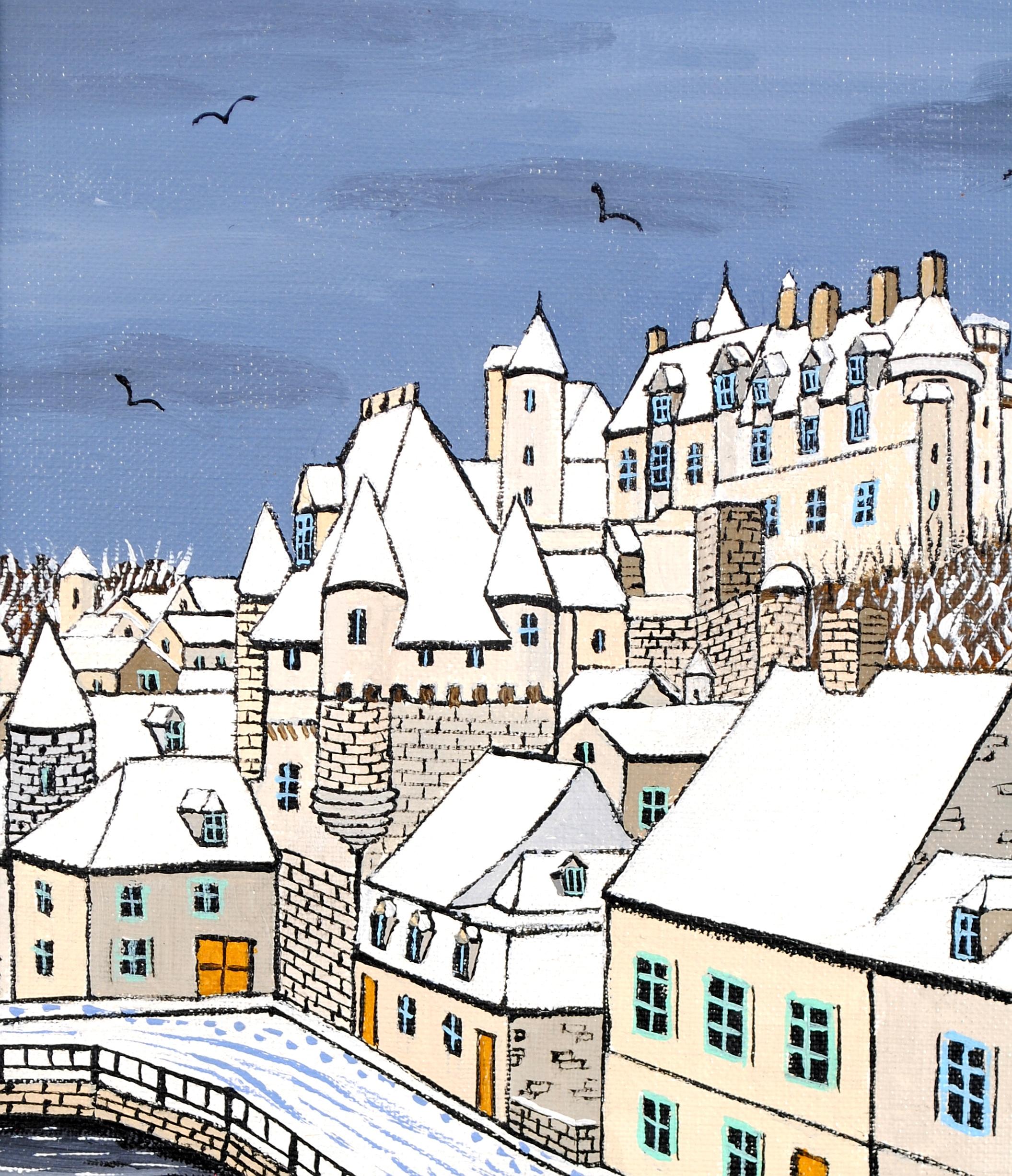 Le Château de Loches, Indre - Mid Century French Naïf Winter Landscape Painting For Sale 4