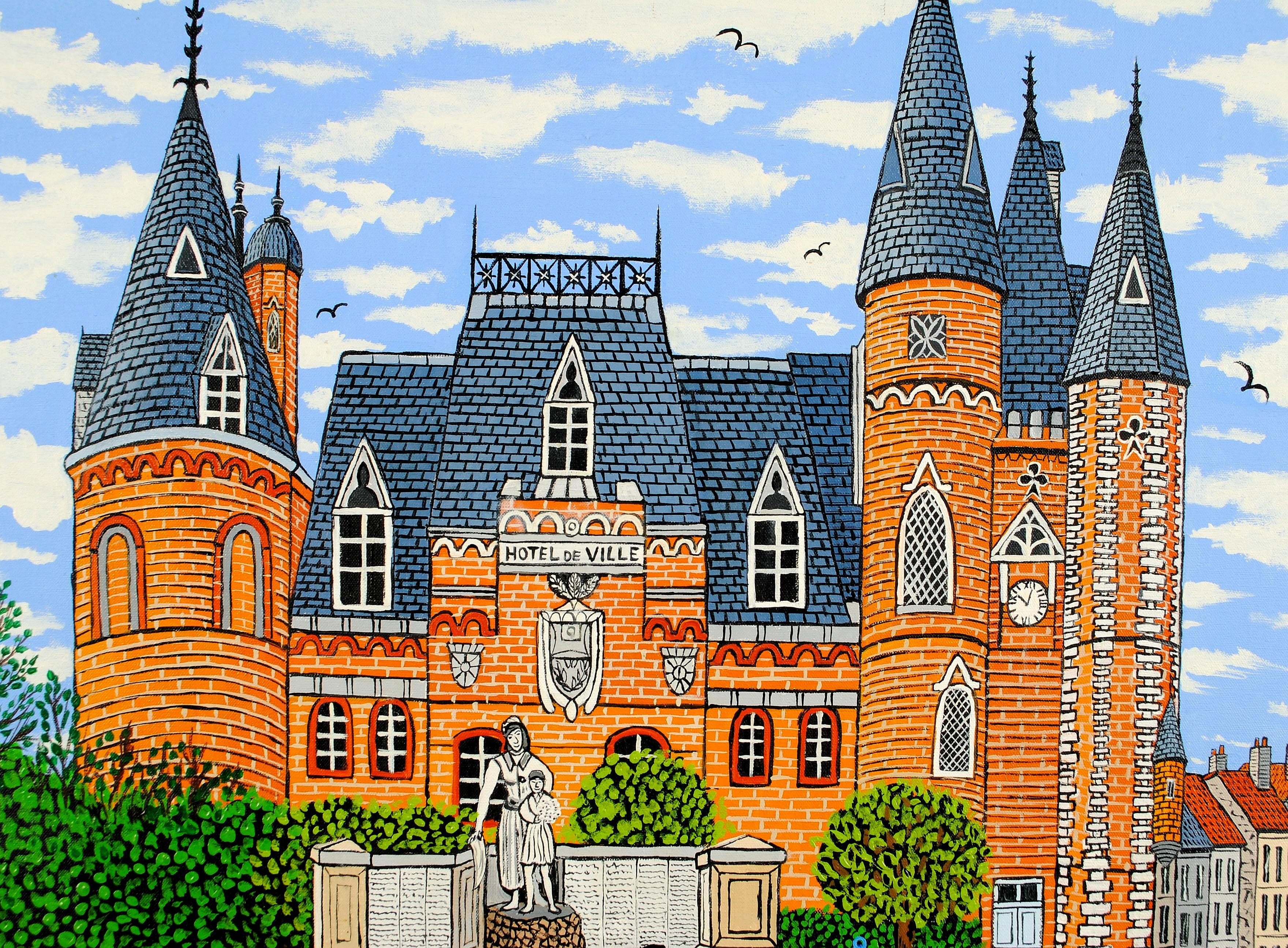 L'Hotel de Ville de Corbie -  Pintura francesa Naïf Paisaje urbano Francia Somme - Painting de André Demonchy