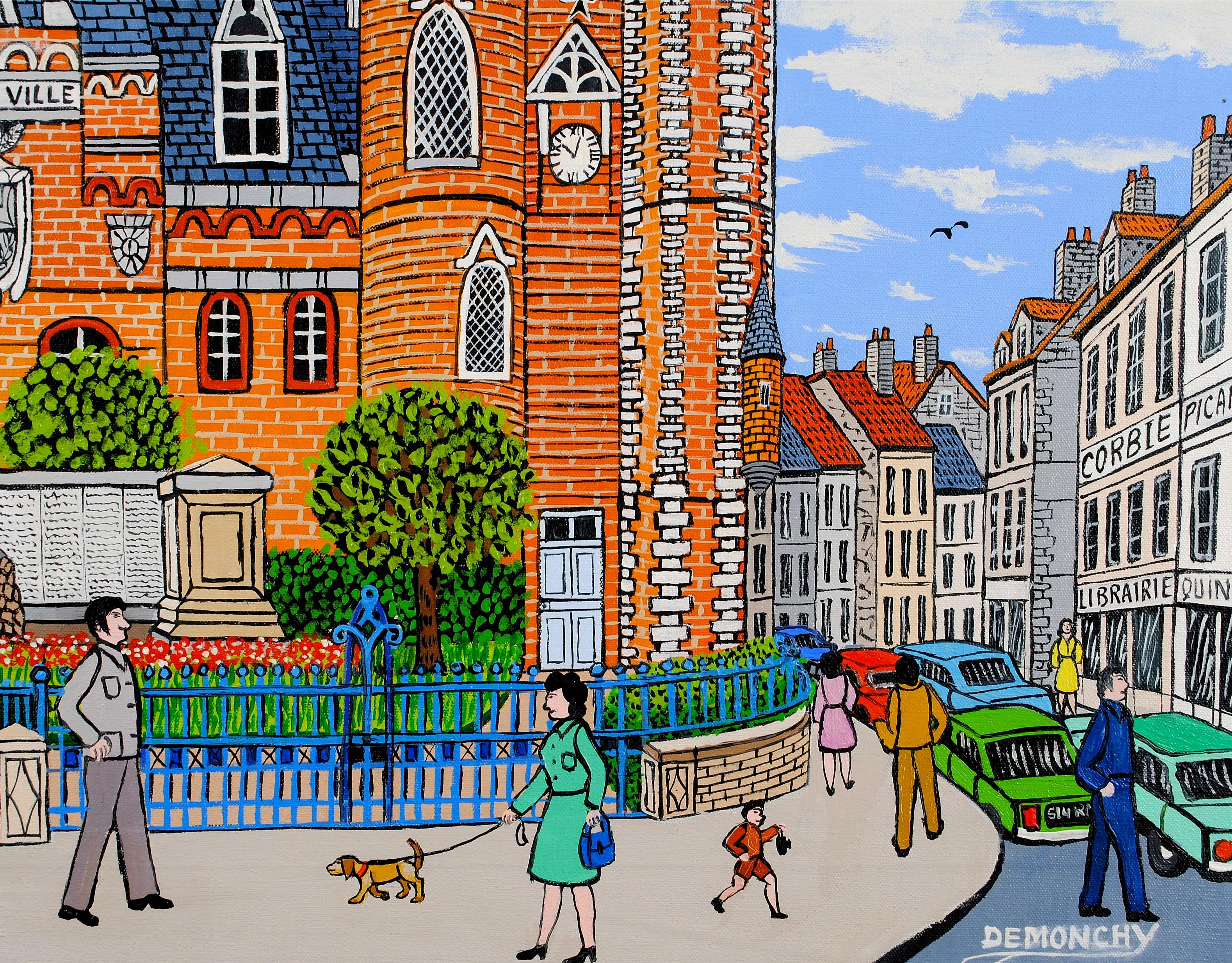 Precioso óleo sobre lienzo naif francés del siglo XX que representa el ayuntamiento de Corbie, en la región francesa de Somme, obra de André Demonchy. 

El artista aparece en la obra de Anatole Jakovsky ''Peintres Naïfs'', conocida como la biblia de