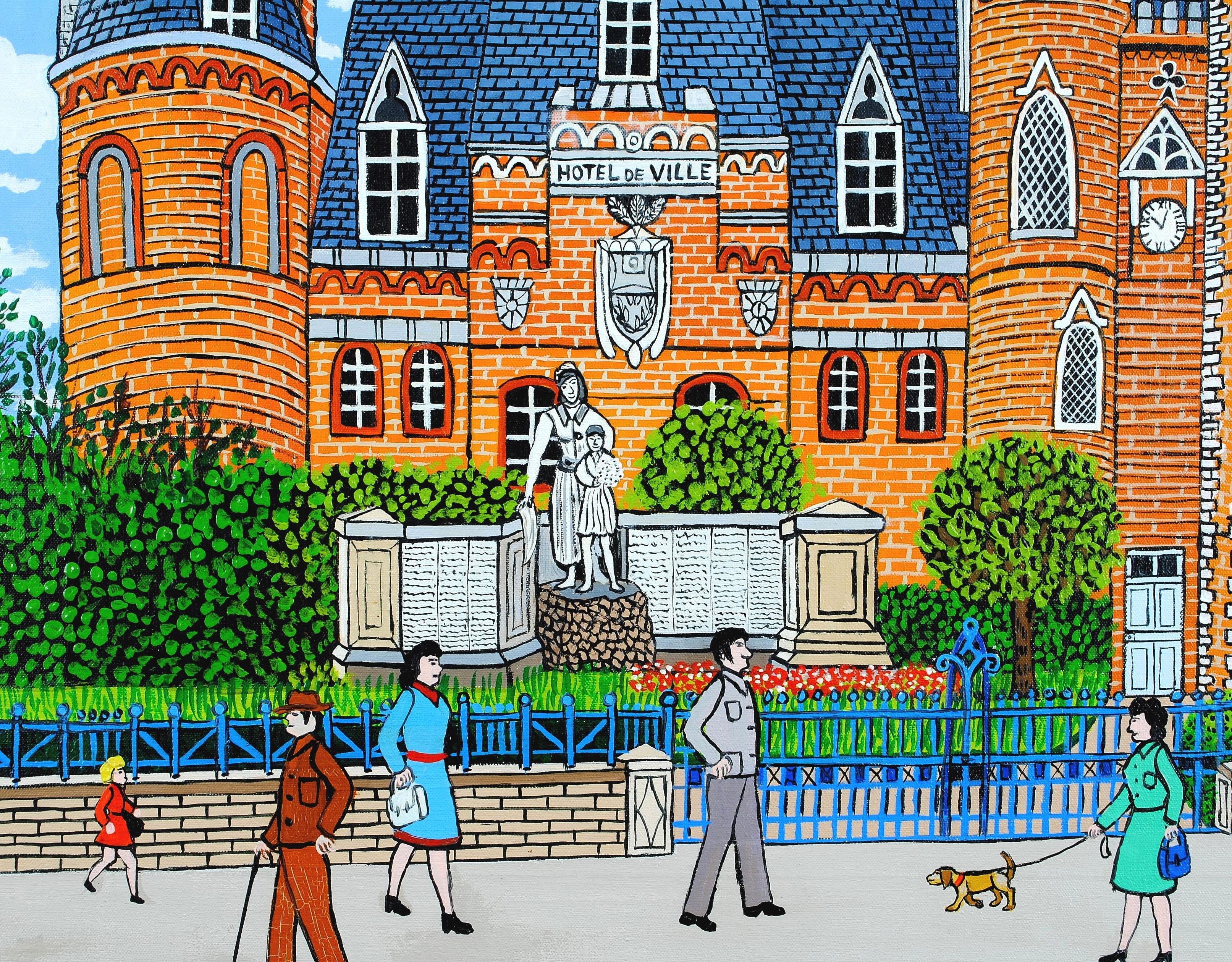 L'Hotel de Ville de Corbie -  Pintura francesa Naïf Paisaje urbano Francia Somme en venta 1