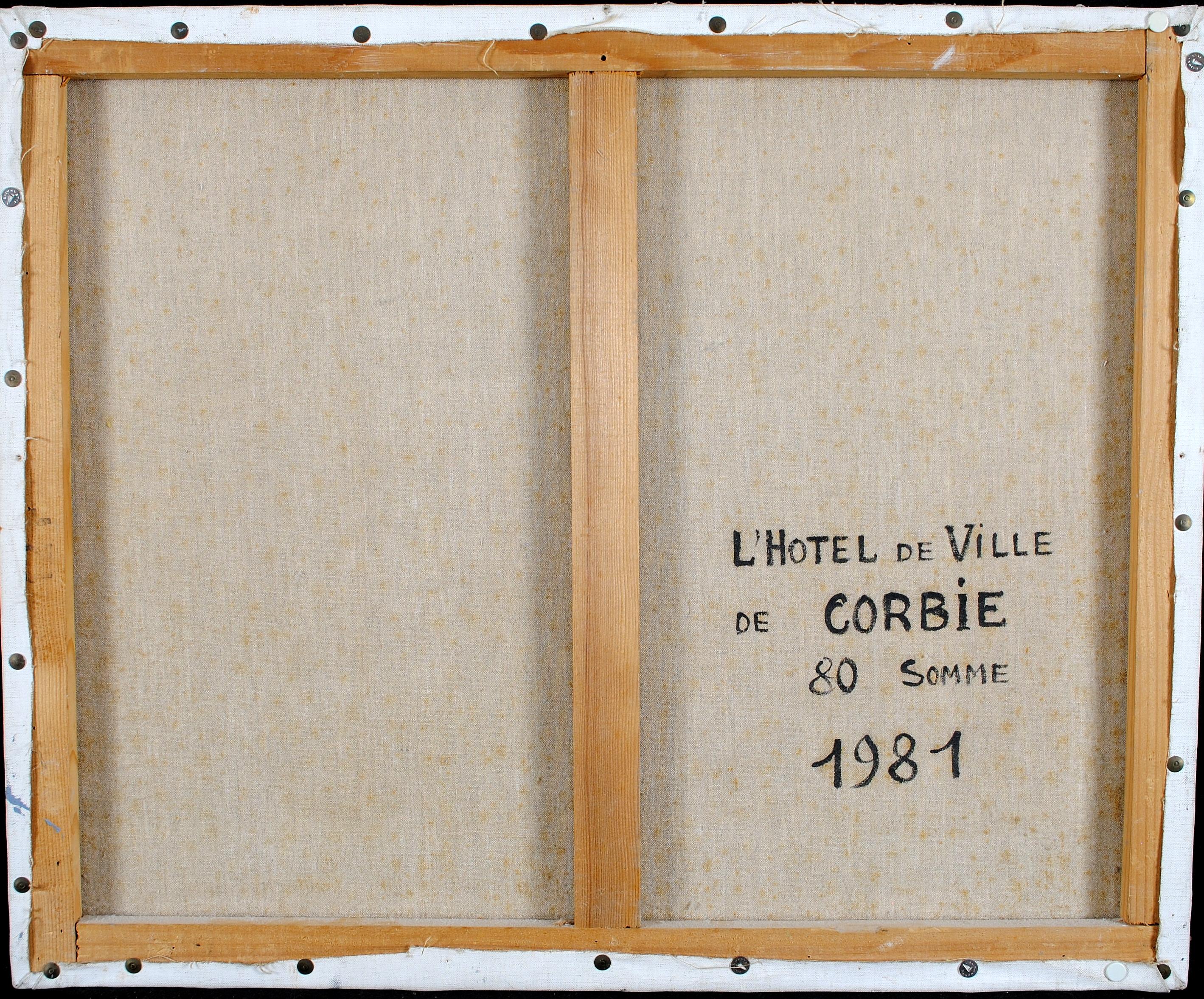 L'Hotel de Ville de Corbie -  Pintura francesa Naïf Paisaje urbano Francia Somme en venta 3