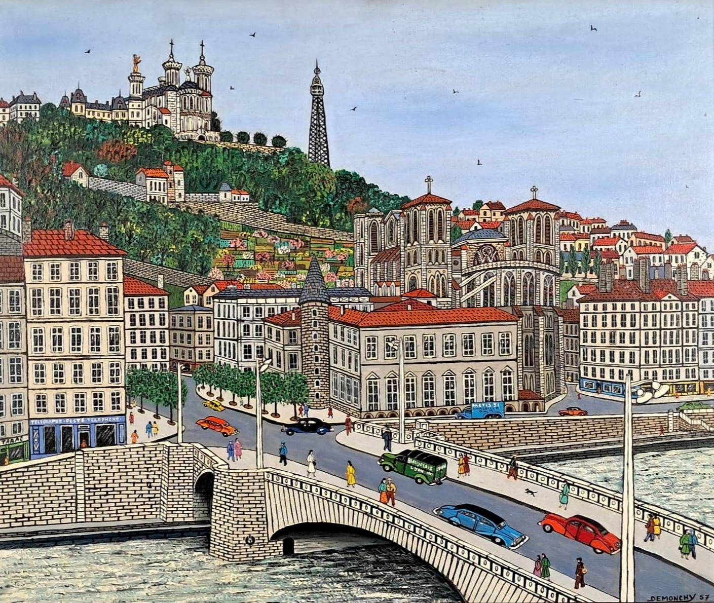 Lyon, Le Pont Tilsitt - Mid Century Französisch Naïf Stadtlandschaft Ölgemälde – Painting von André Demonchy