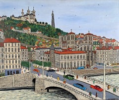 Lyon, Le Pont Tilsitt - Mid Century French Naïf City Landscape Oil Painting