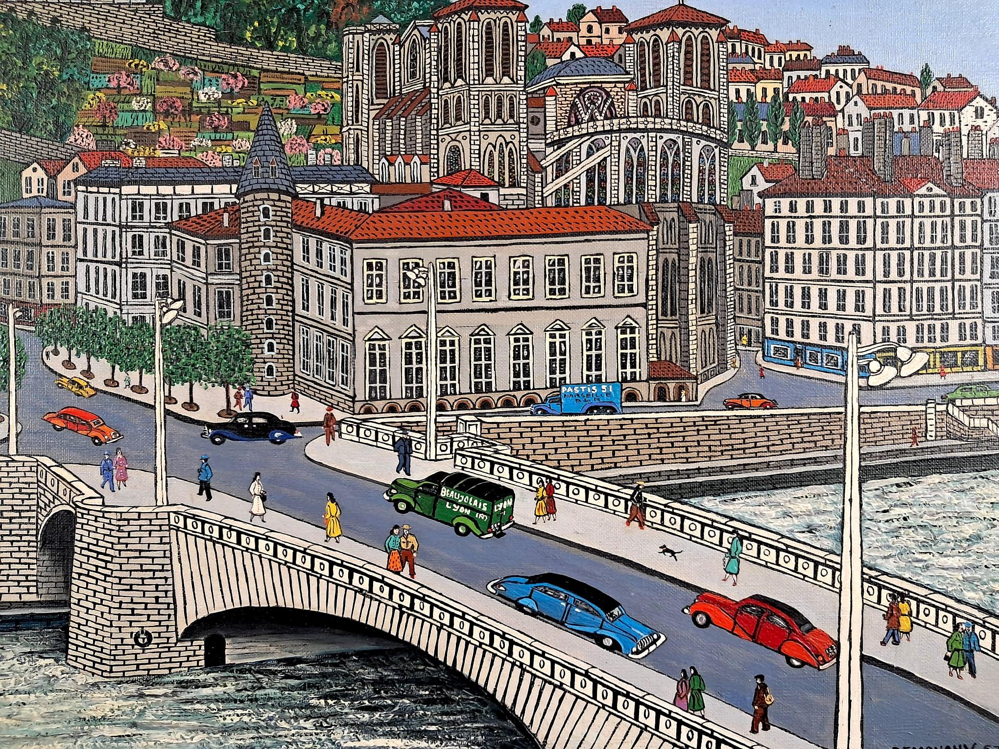 Lyon, Le Pont Tilsitt - Mid Century Französisch Naïf Stadtlandschaft Ölgemälde (Schwarz), Landscape Painting, von André Demonchy