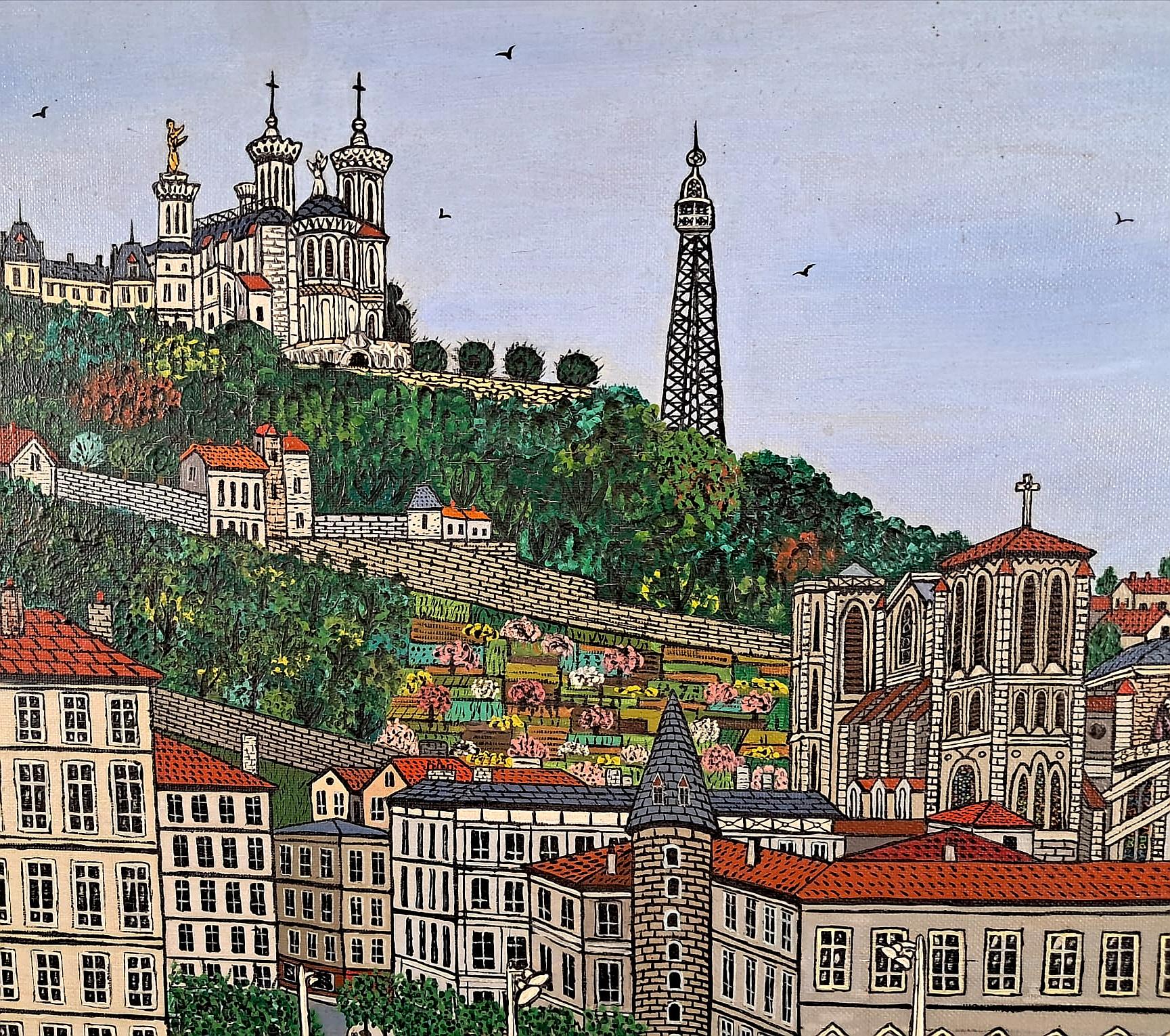 Eine schöne Mitte des 20. Jahrhunderts Französisch naïf Öl auf Leinwand zeigt Lyon, mit der Pont Tilsitt und der Kirche Fouviere, von André Demonchy.

Der Künstler wird in Anatole Jakovskys ''Peintres Naïfs'' vorgestellt, das als die Bibel der