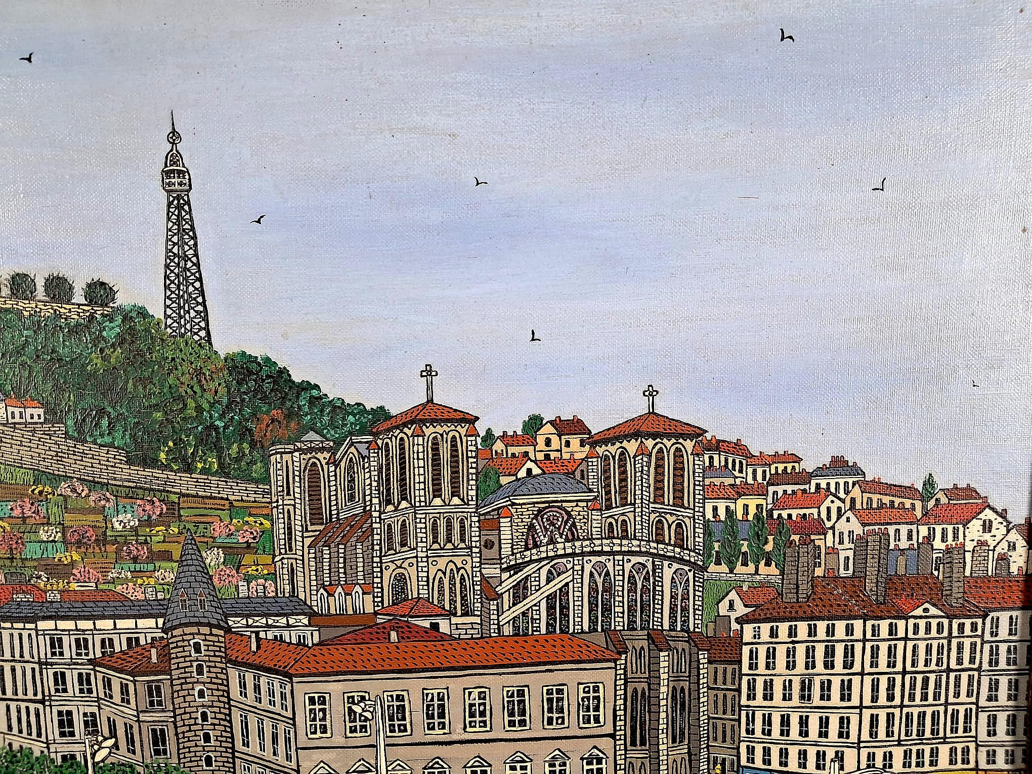 Lyon, Le Pont Tilsitt - Mid Century Französisch Naïf Stadtlandschaft Ölgemälde im Angebot 1