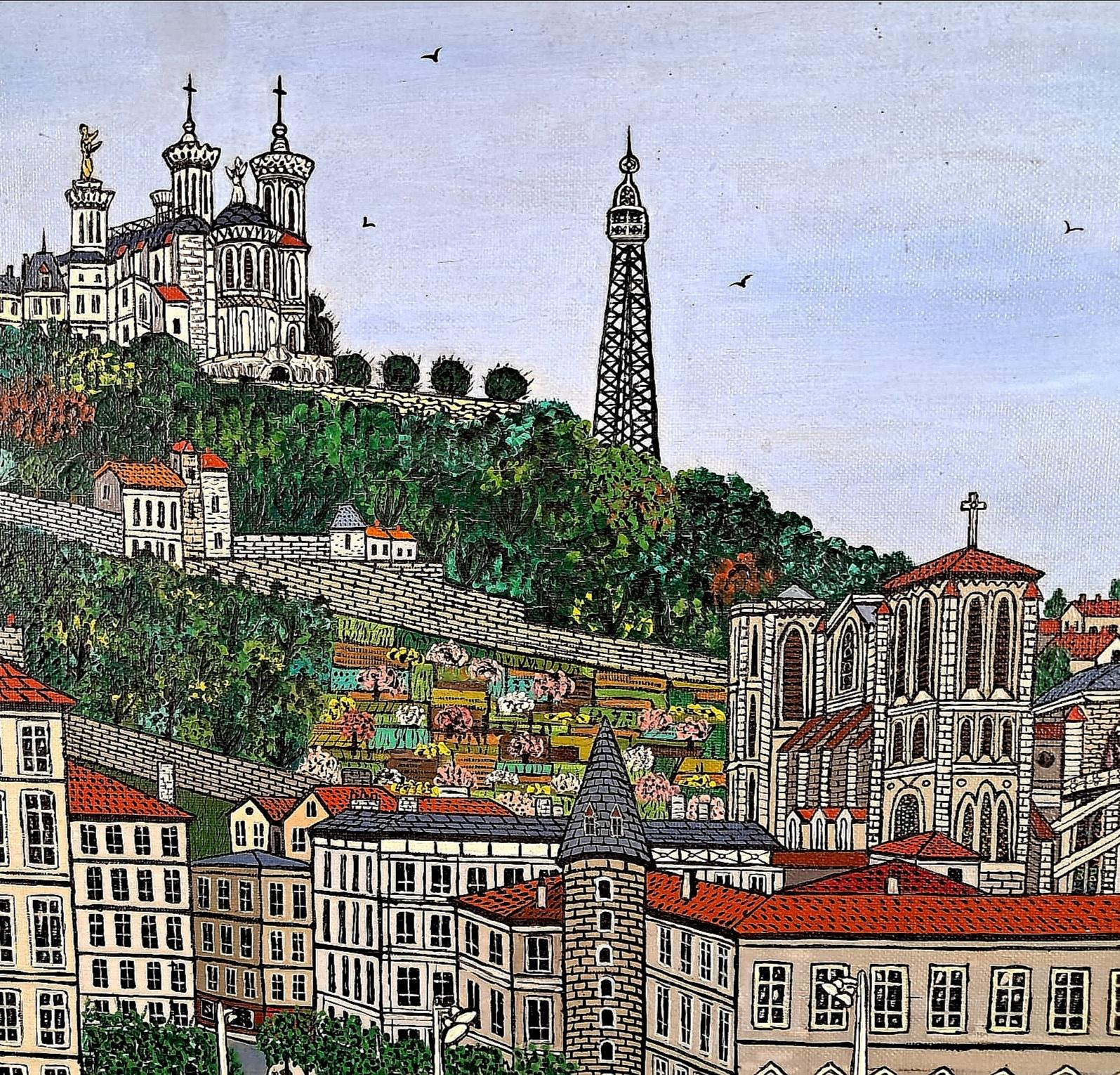 Lyon, Le Pont Tilsitt - Mid Century Französisch Naïf Stadtlandschaft Ölgemälde im Angebot 2
