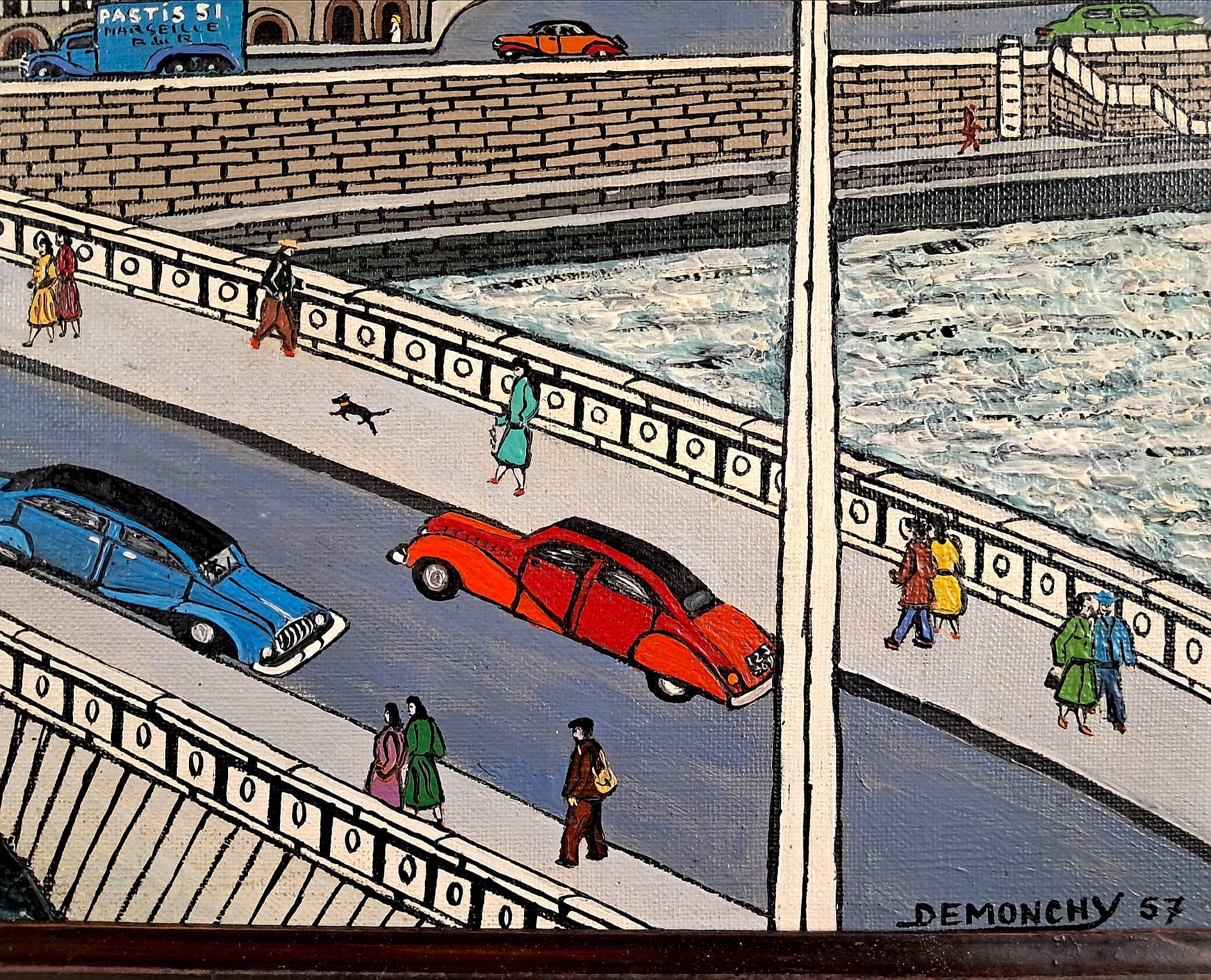 Lyon, Le Pont Tilsitt - Mid Century Französisch Naïf Stadtlandschaft Ölgemälde im Angebot 3