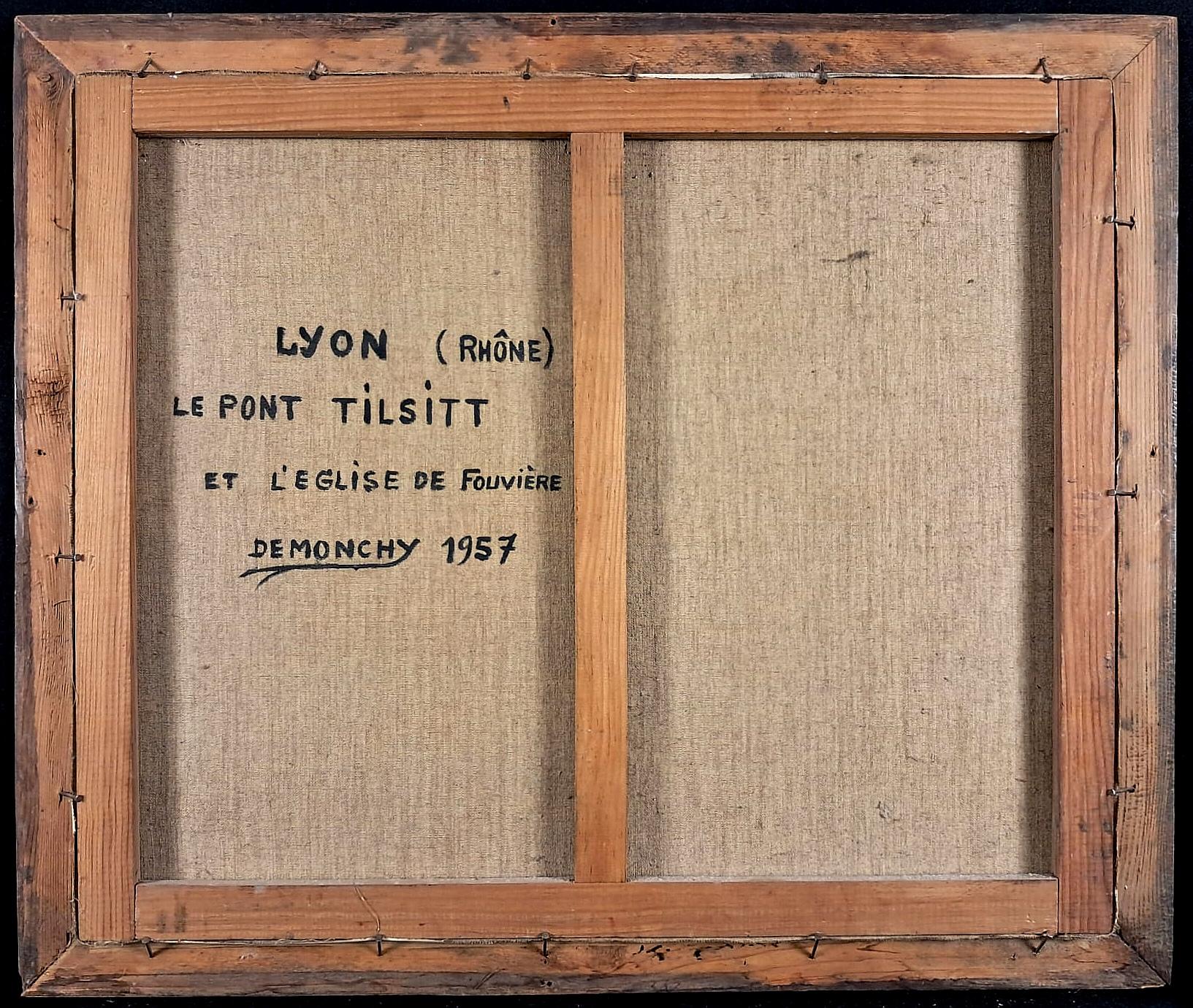 Lyon, Le Pont Tilsitt - Mid Century Französisch Naïf Stadtlandschaft Ölgemälde im Angebot 4