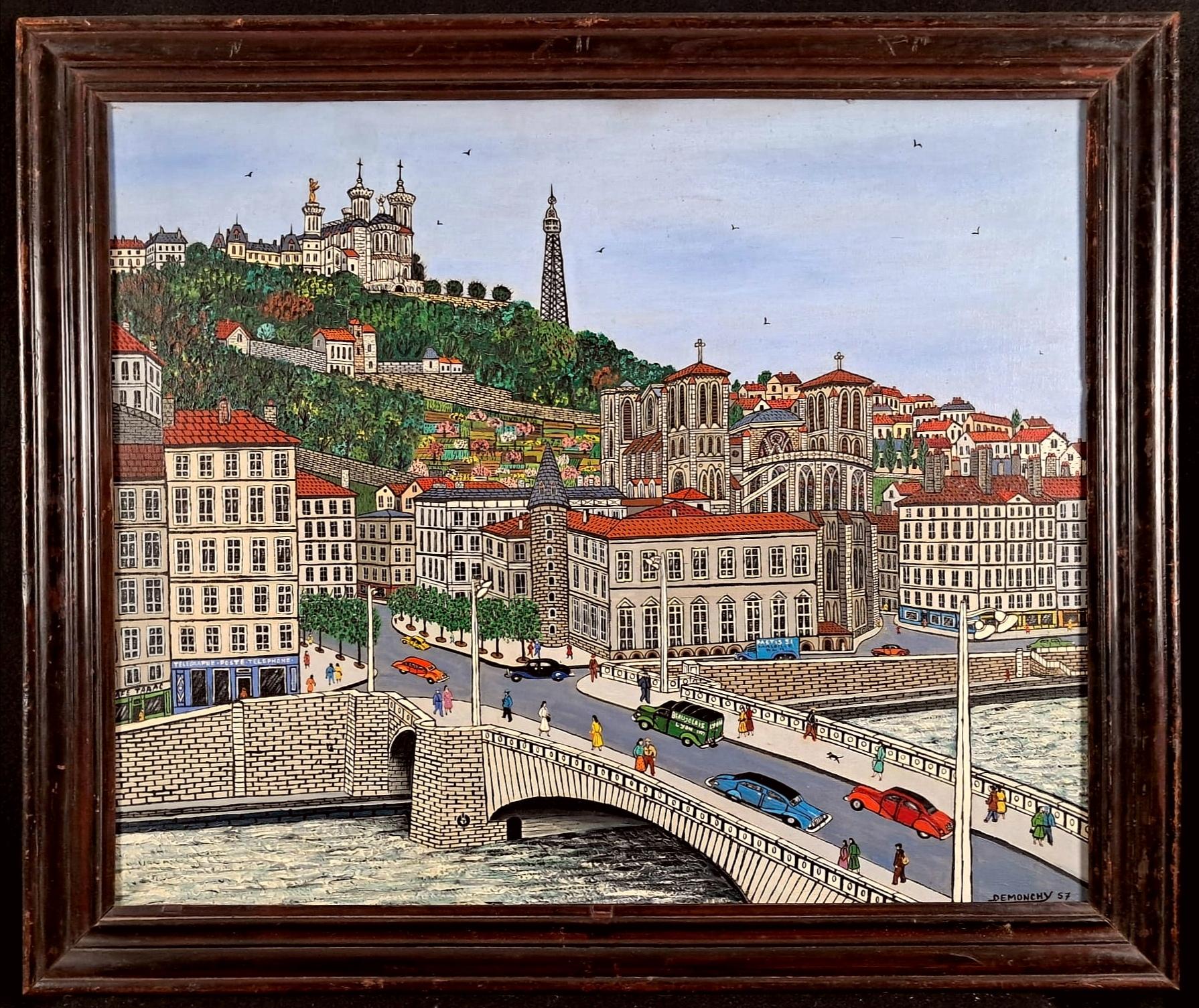 André Demonchy Landscape Painting – Lyon, Le Pont Tilsitt - Mid Century Französisch Naïf Stadtlandschaft Ölgemälde