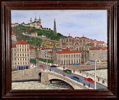 Lyon, Le Pont Tilsitt - Mid Century French Naïf City Landscape Oil Painting
