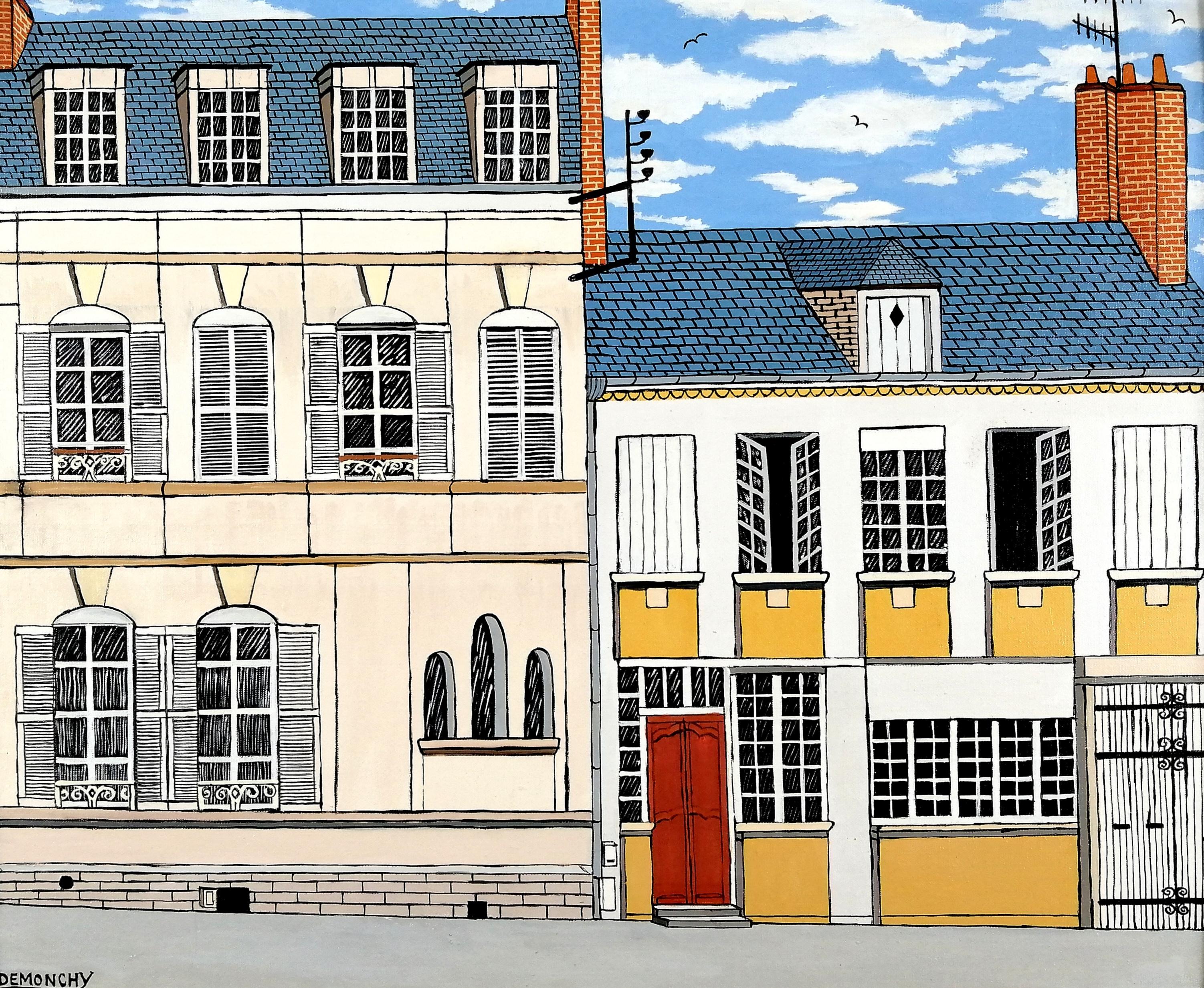 Maison de Madame Gisgard - Mid Century French Naïf Corbie Somme Frankreich Gemälde – Painting von André Demonchy