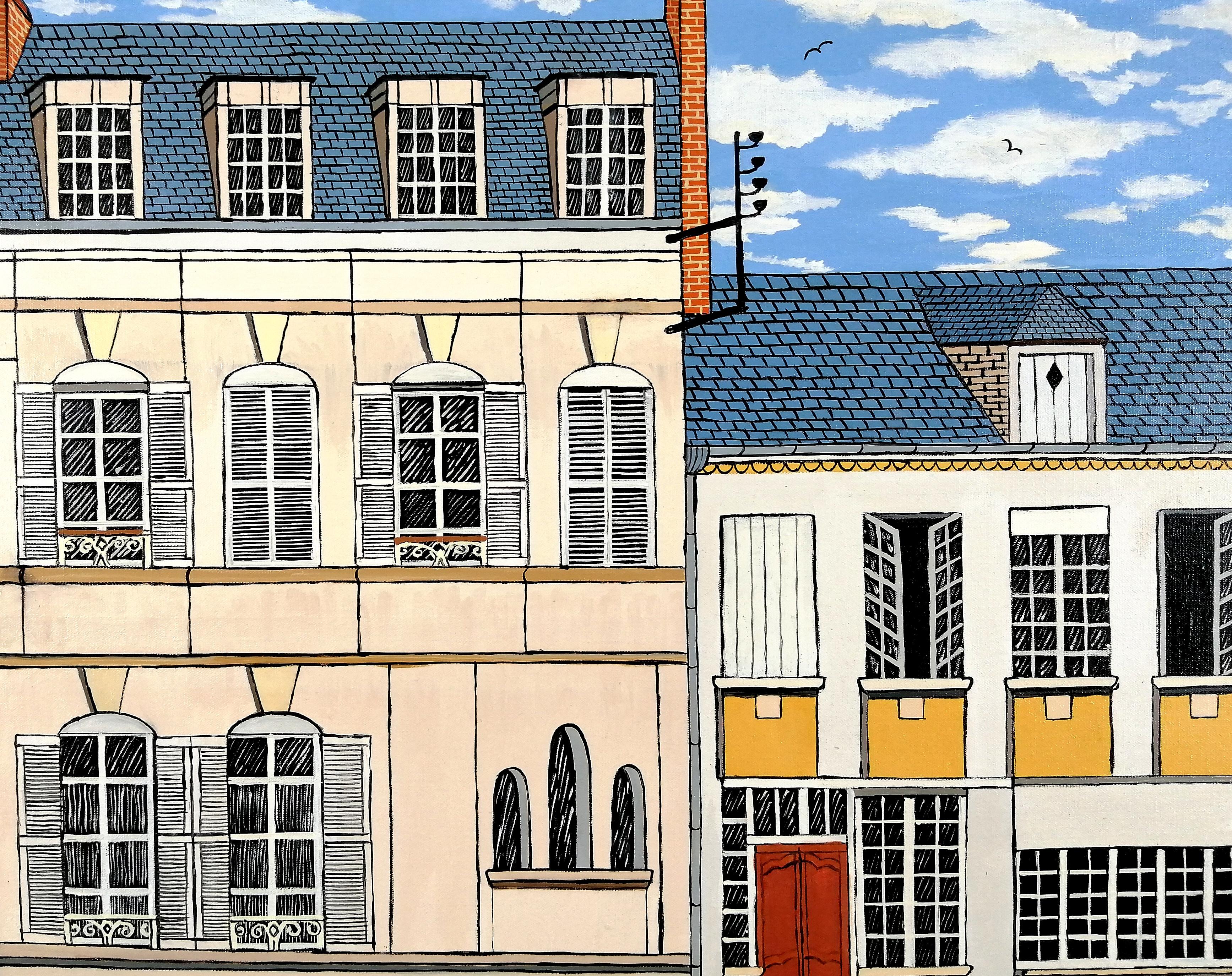 Maison de Madame Gisgard - Mid Century French Naïf Corbie Somme Frankreich Gemälde (Braun), Landscape Painting, von André Demonchy
