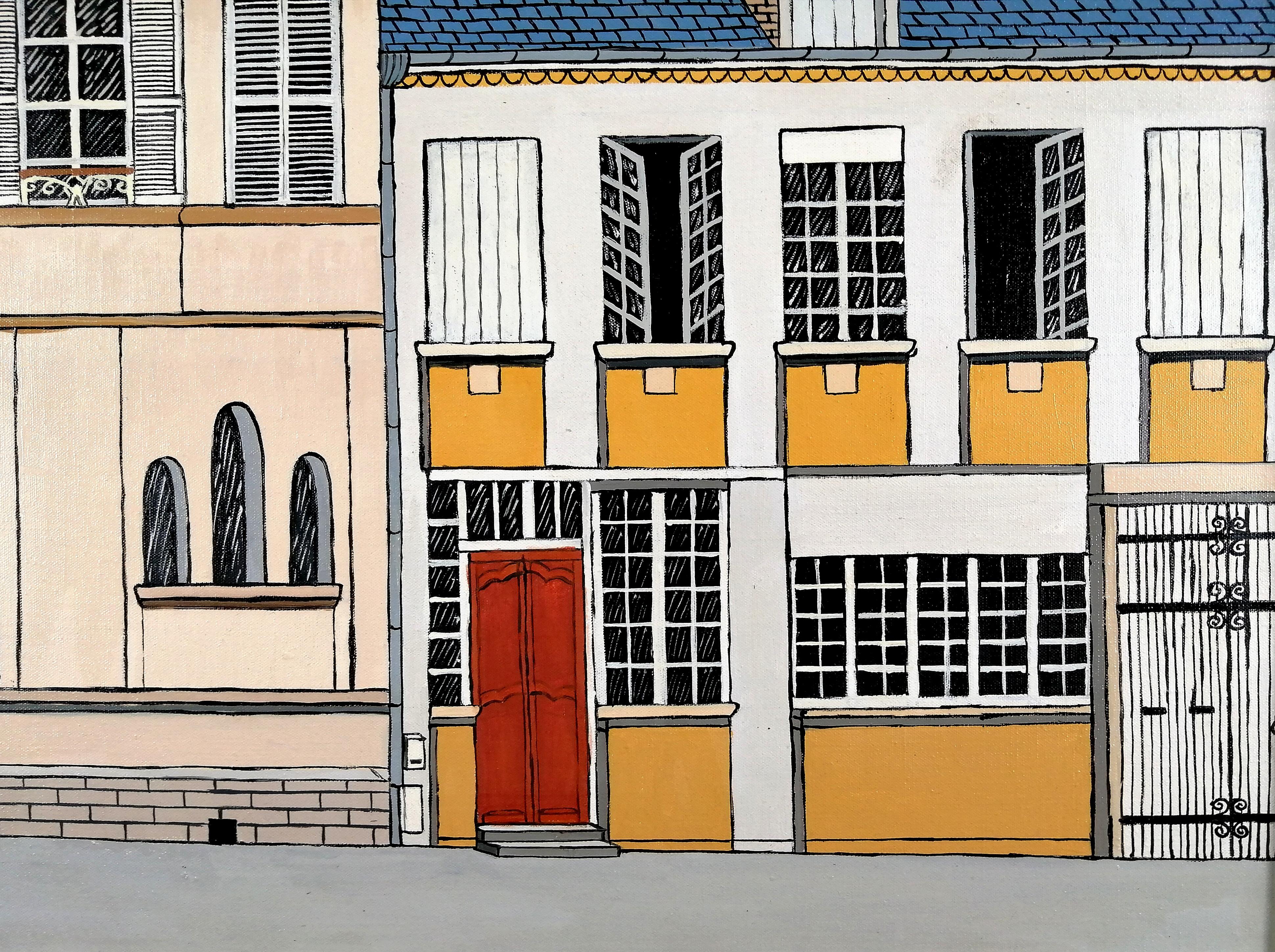 Ein sehr schönes französisches Naïf-Öl auf Leinwand aus dem 20. Jahrhundert, das das Haus von Madame und Monsieur Gasgard an der Place de la Republique, Somme, Frankreich, von André Demonchy darstellt.

Das Werk ist links unten signiert und auf der