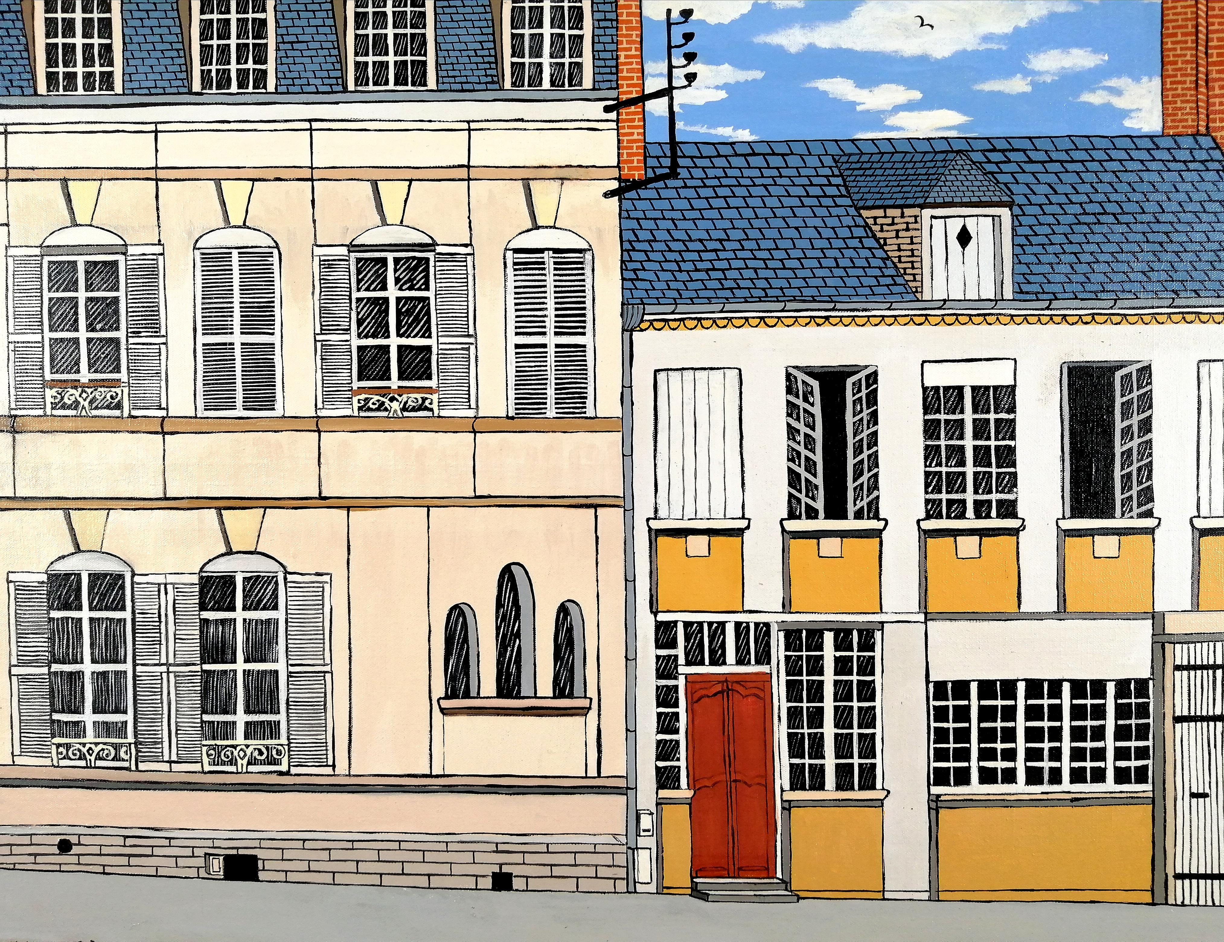 Maison de Madame Gisgard - Mid Century French Naïf Corbie Somme Frankreich Gemälde im Angebot 1
